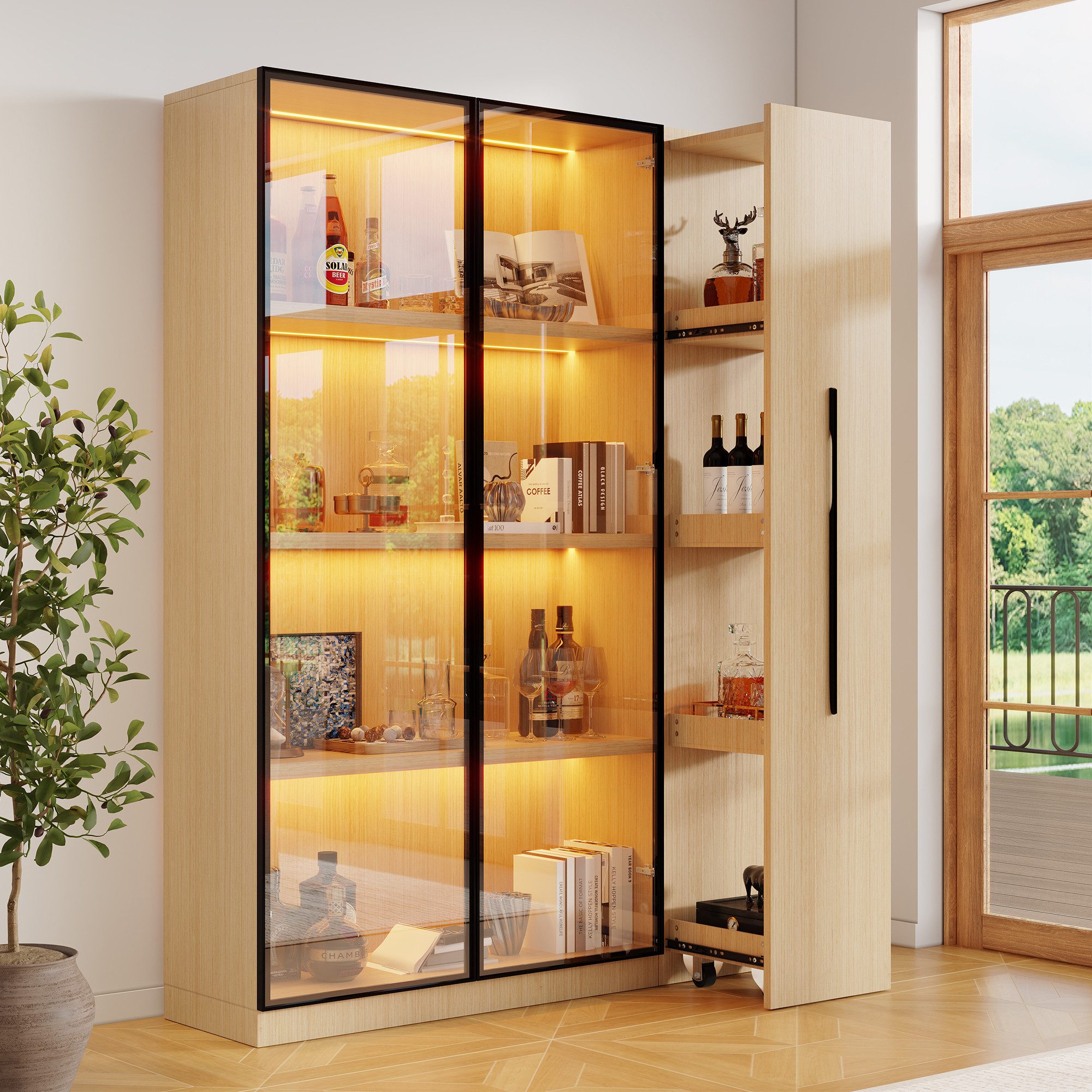 Merax Glasvitrine (2-in-1-Design Multifunktionsschrank Vitrinenschrank, 1-St., 110.5x35x160cm) LED-Vitrine mit Glastür & seitlichem Rollregal,Hochschrank Bücherregal