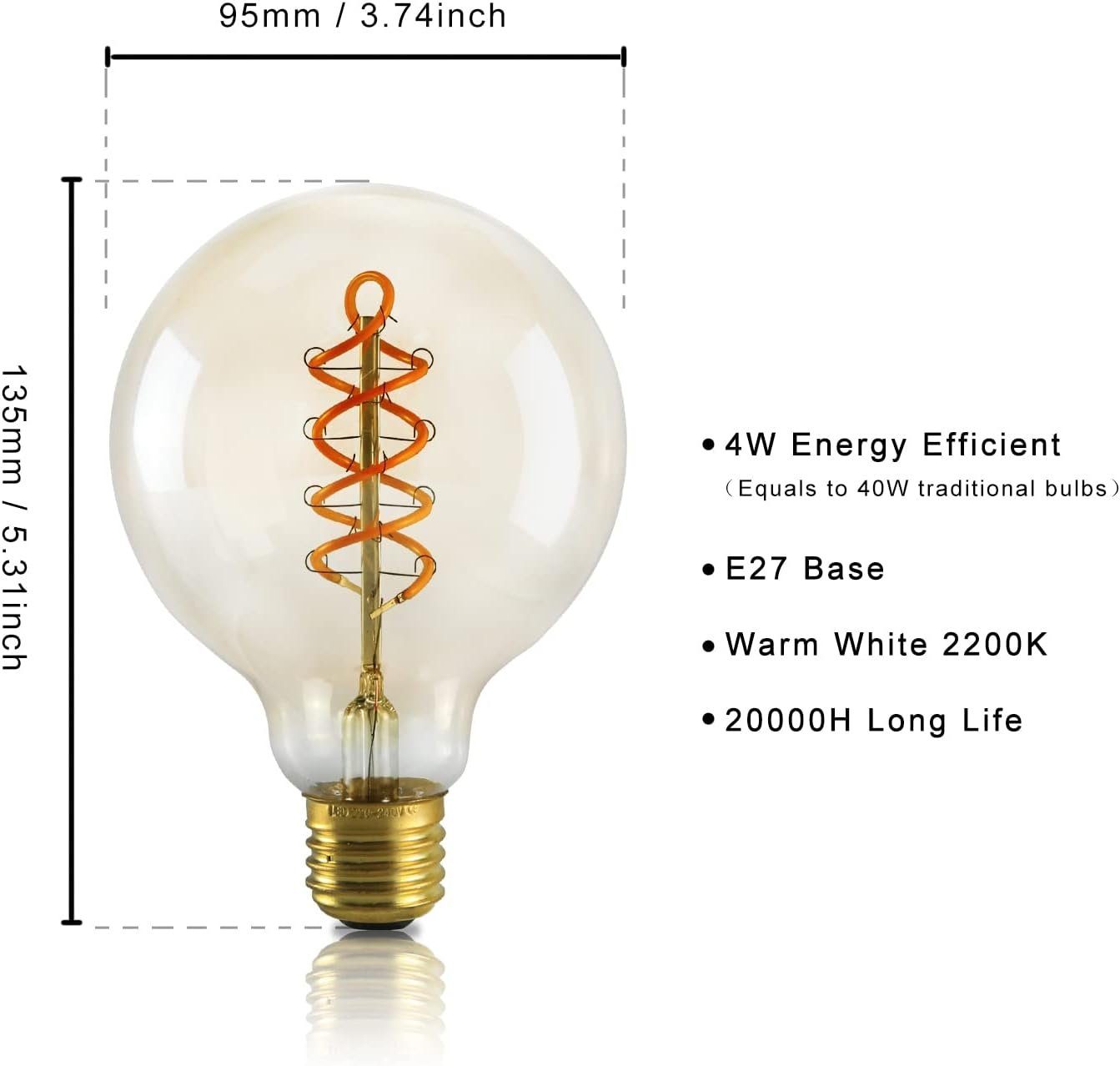 Edison St., Bulb E27, Birnen Vintage LED 2200k, 4W, Lampe Retro für E27 G95//G125 Energiesparlampe 1 Leuchtmittel LED-Leuchtmittel Filament Glühbirne: ZMH Haus