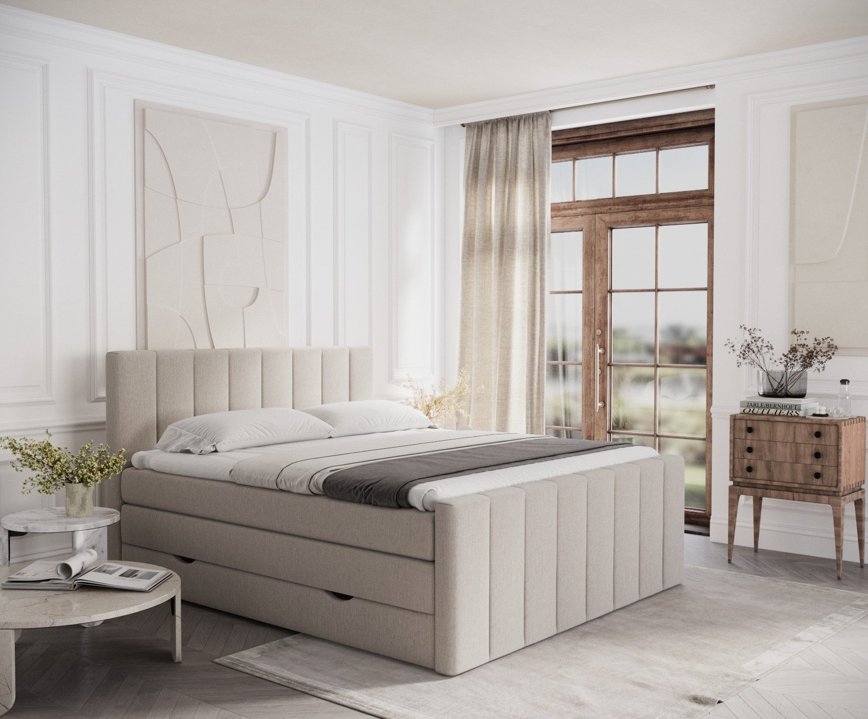 Maison de Rêve Boxspringbett Ruby (Komplettbett mit Matratzen, Kopfteil und Topper), Boxspringbett mit Stauraum, Webstoff
