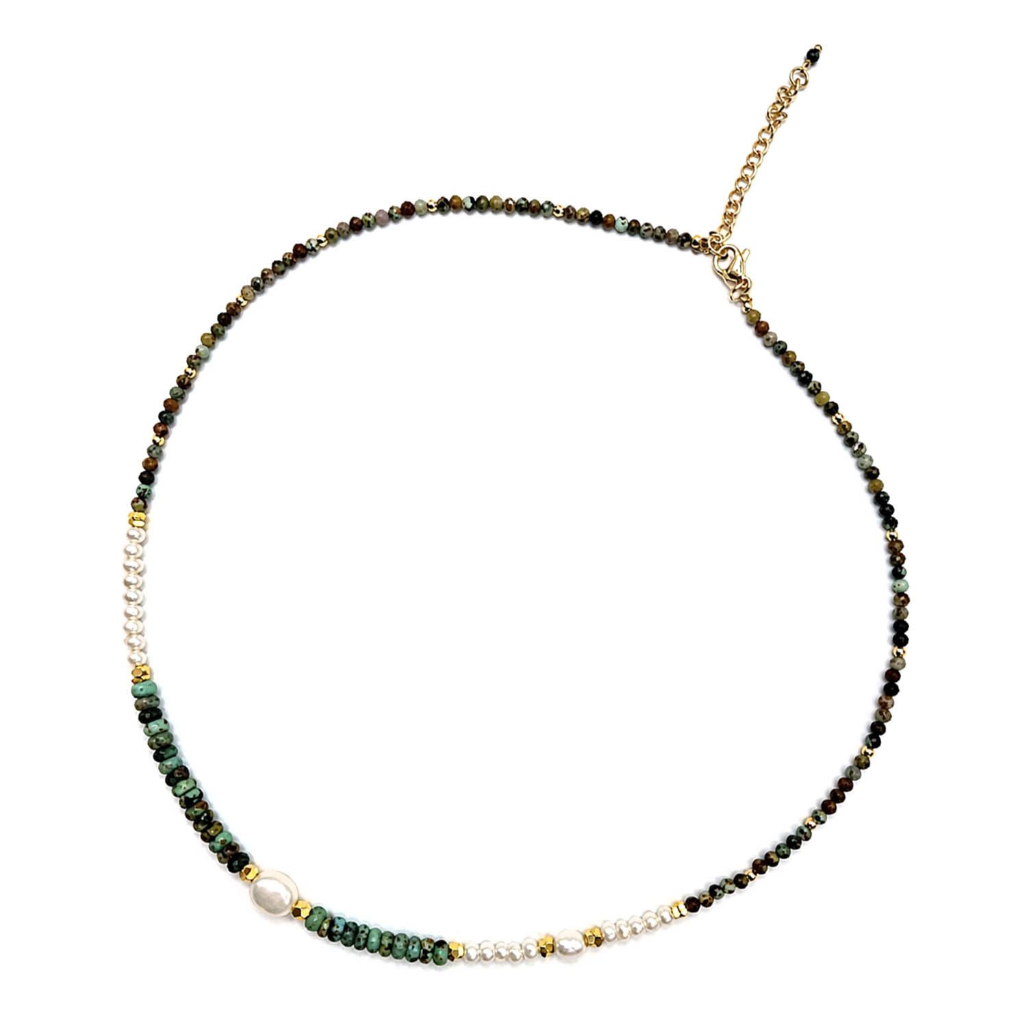 Impala Perlenkette Kette Indica mit Edelsteinperlen & Süßwasserperlen, Halskette mit Edelsteinen