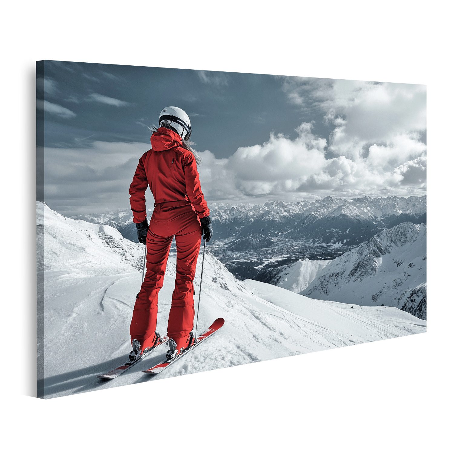islandburner Leinwandbild Skifahrer blickt auf verschneite Berglandschaft