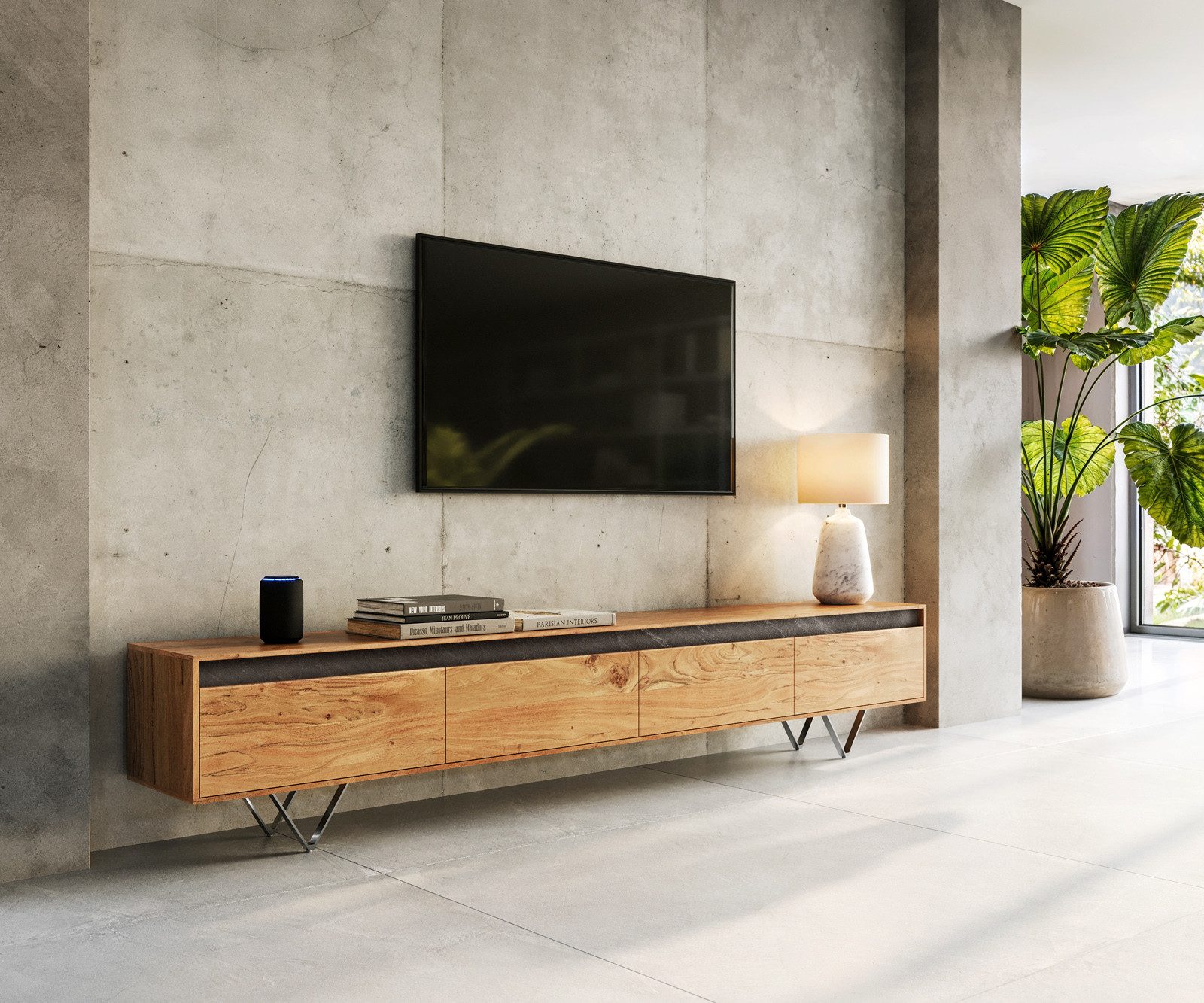 DELIFE Lowboard Stonegrace, Akazie Natur Schiefer 240 cm 4 Türen Design Lowboard