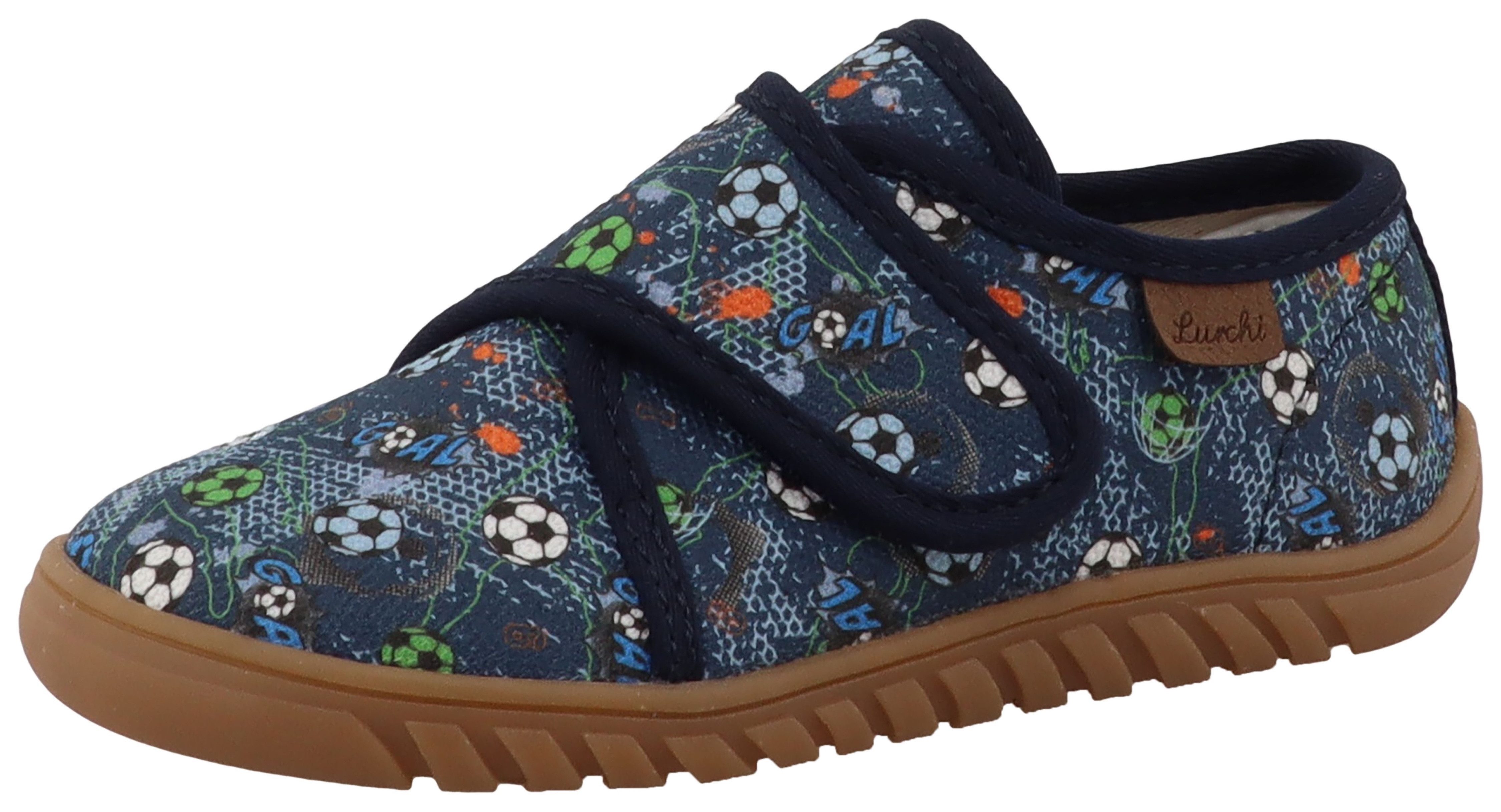 Lurchi Bibu 1 Barefoot Barfußschuh Hauschuh, mit buntem Fußball-Motiv, Größenschablone zum Download
