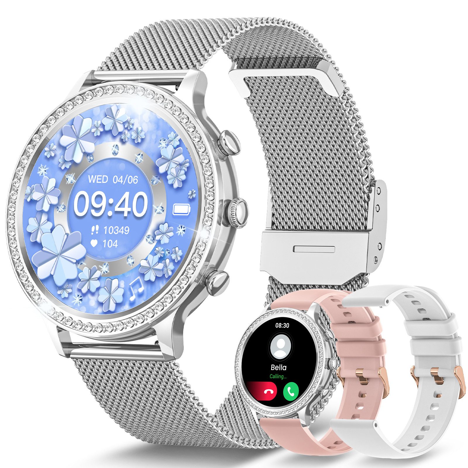 Sanorum Smartwatch Damen mit Telefonfunktion Smartwatch (3.35 cm/1,32 Zoll, HD Voll Touchscreen) Mit Menstruationszyklus, 24/7 Pulsuhr Schlafmonitor SpO2, IP68 Wasserdicht staubdicht Sportuhr für iOS Android