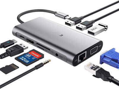 vokarala USB-Adapter, USB Typ C Hub Adapter 11 in 1 Aluminium Typ C Hub mit HDMI 4K, Gigablit Ethernet RJ45, 1080P VGA, 3.5mm Audio Ausgang, 3 USB 3.0, SD/TF Kartenleser mit Typ C PD Ladung