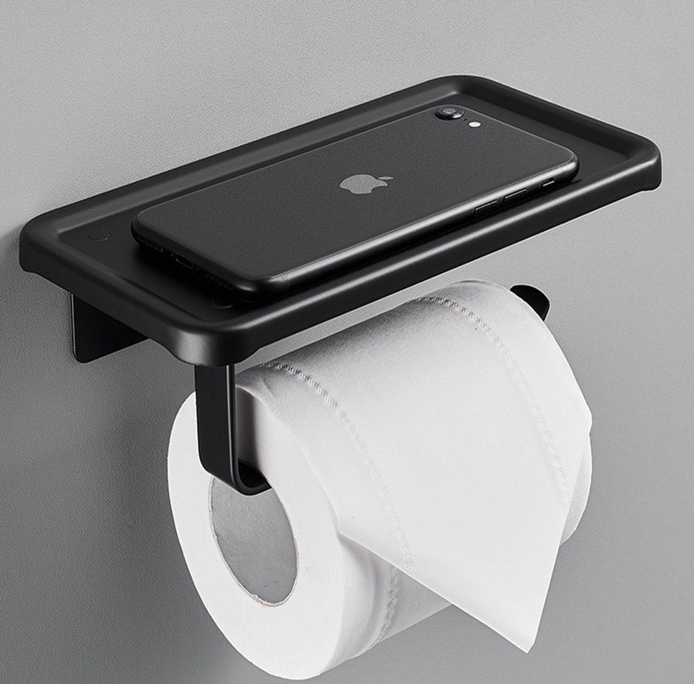 Haiaveng Toilettenpapierhalter Toilettenpapierhalter ohne Bohren mit Regal, Aluminiumlegierung, mit Regal Schwarz