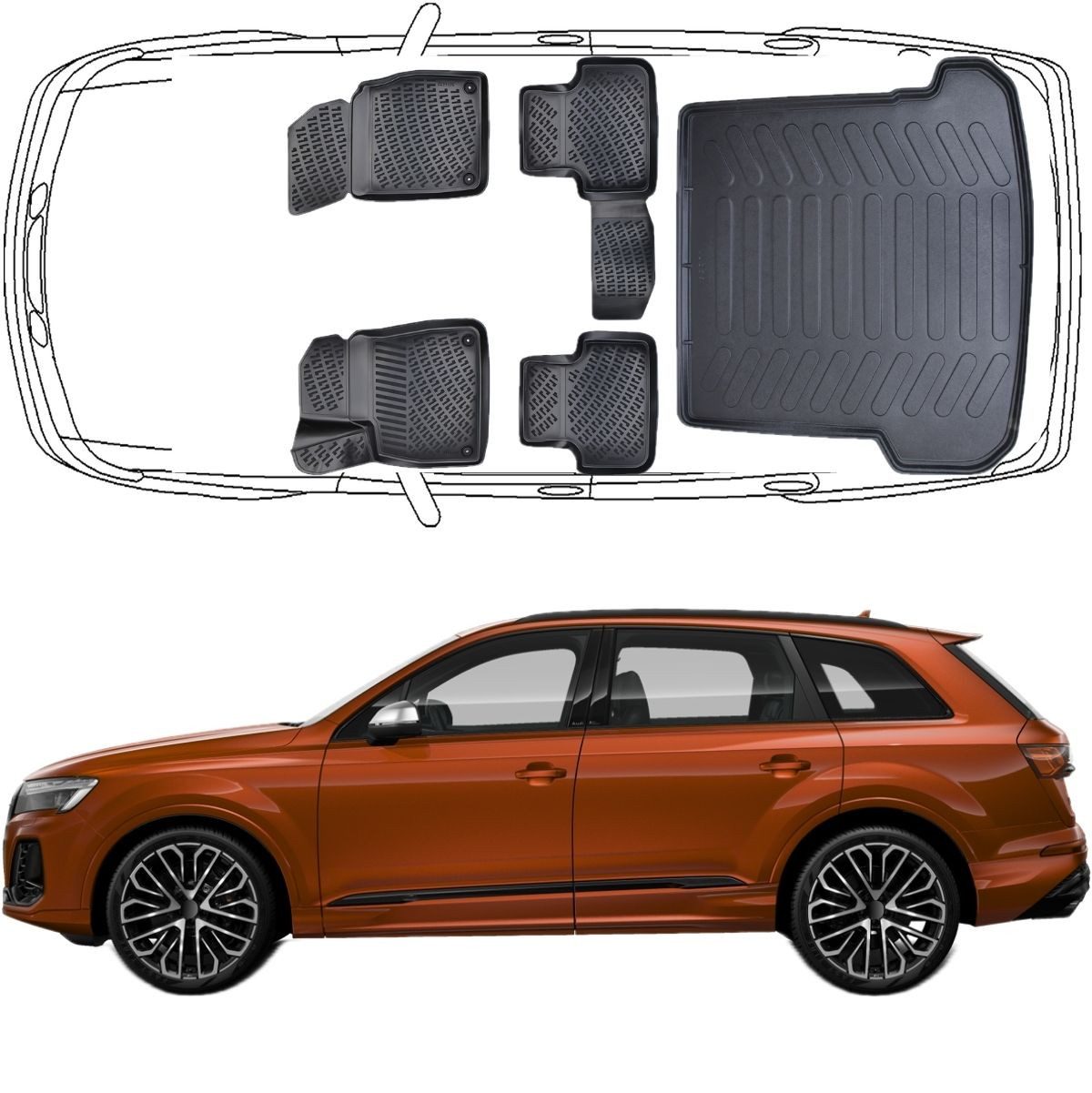 Trimak Passform-Fußmatten Oder Kofferraumwanne Oder Set kompatibel mit Audi Q7, Audi Q7 4M ab 2015 Gummimatten Auto & Kofferraummatte TPE Antirutsch