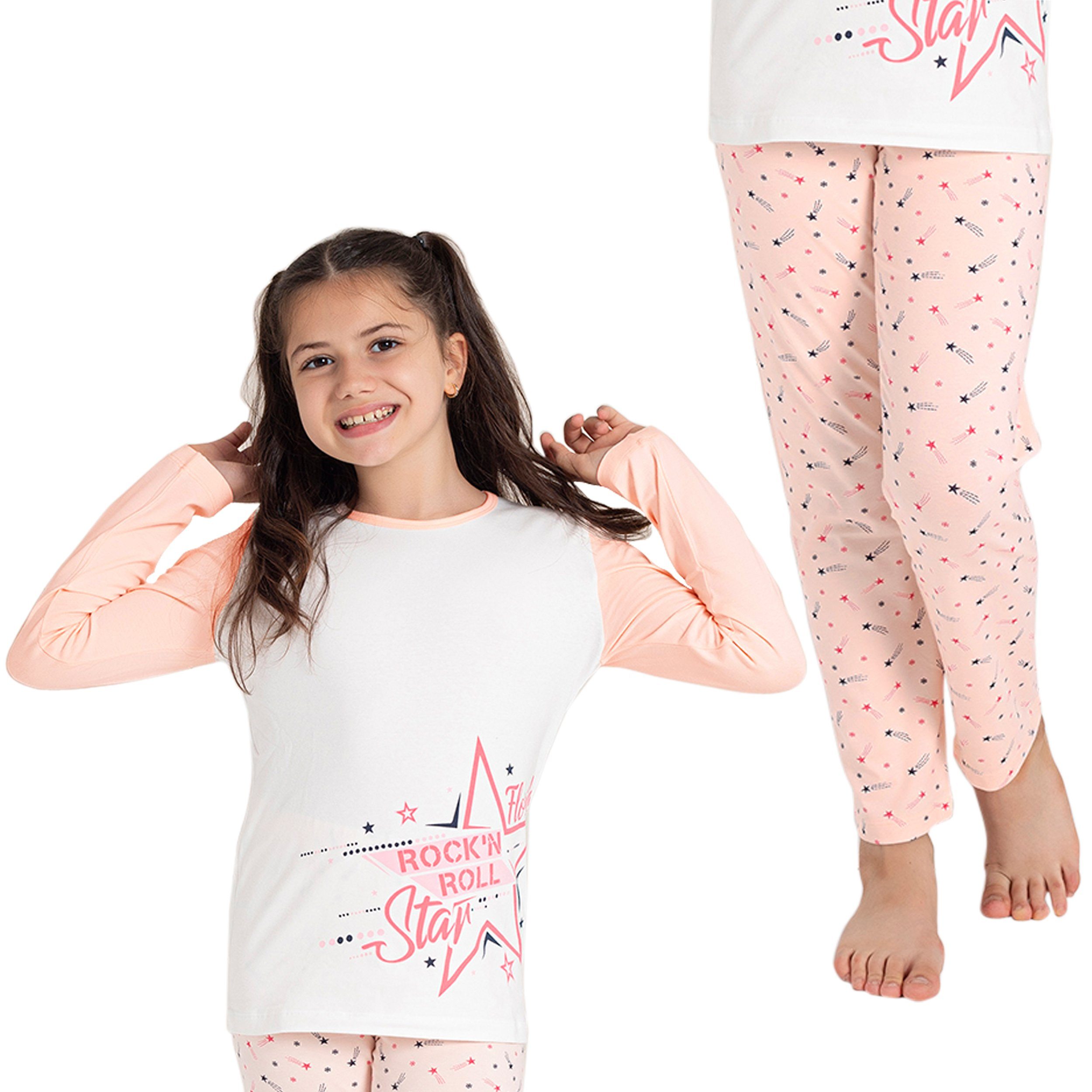 LOREZA Pyjama Mädchen - (Set, Baumwolle Langarm 2 STAR tlg) Schlafanzug zweiteiliger