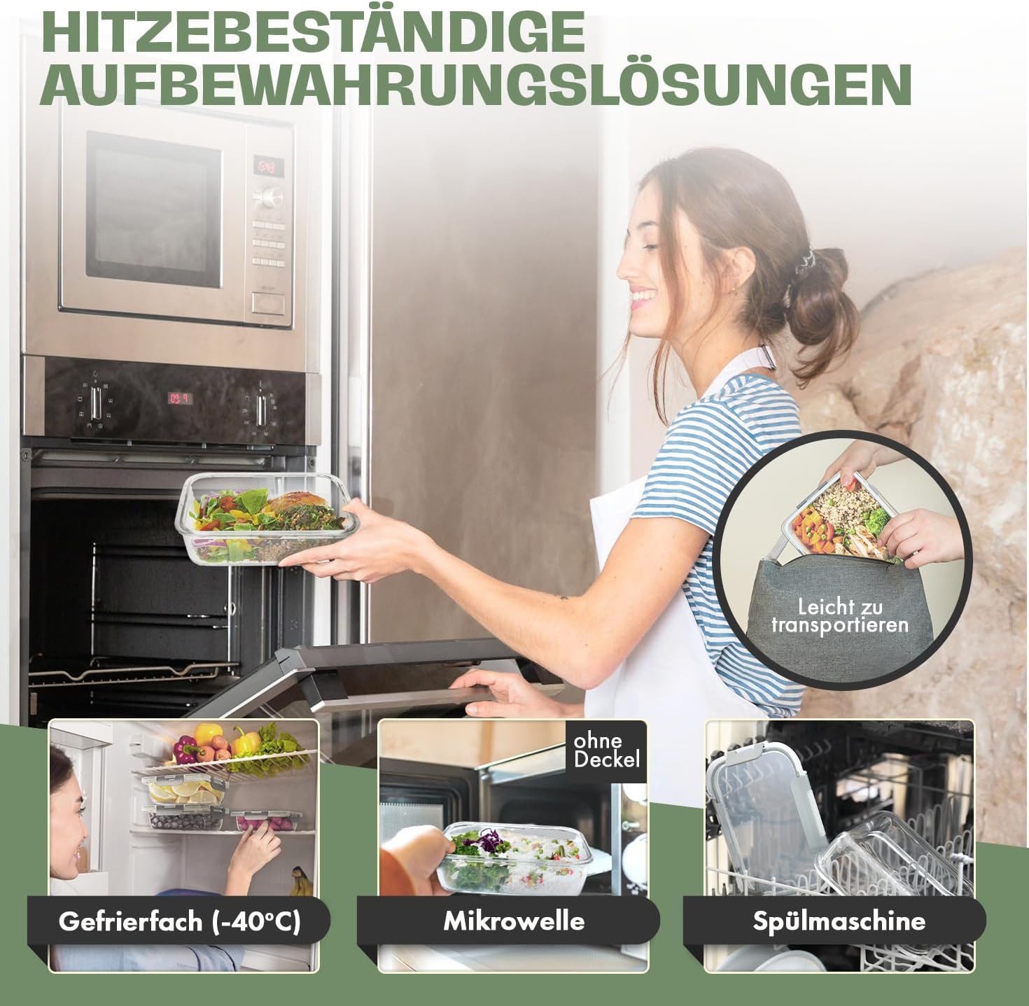 Lemontree Vorratsdose mit Deckel Luftdicht - Meal Prep Boxen Glas - Mikrowellengeeignet, Hochborosilikatglas, (Vorratsdosen-Set (3-teilig, groß je 1040 ml), Meal Prep Boxen 3er Set - 1040ml - auch als 5er & 10er Set erhältlich), Luftdicht, auslaufsicher, stapelbar, mikrowellen-, ofen- & gefrierfest