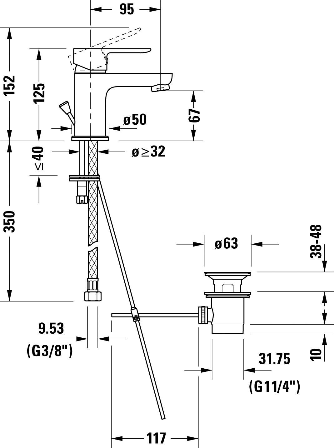 Duravit Waschtischarmatur A.1 Waschtischmischer, Größe mit 9,5 S, mit Ausladung cm, Chrom Zugstangen-Ablaufgarnitur AirPlus