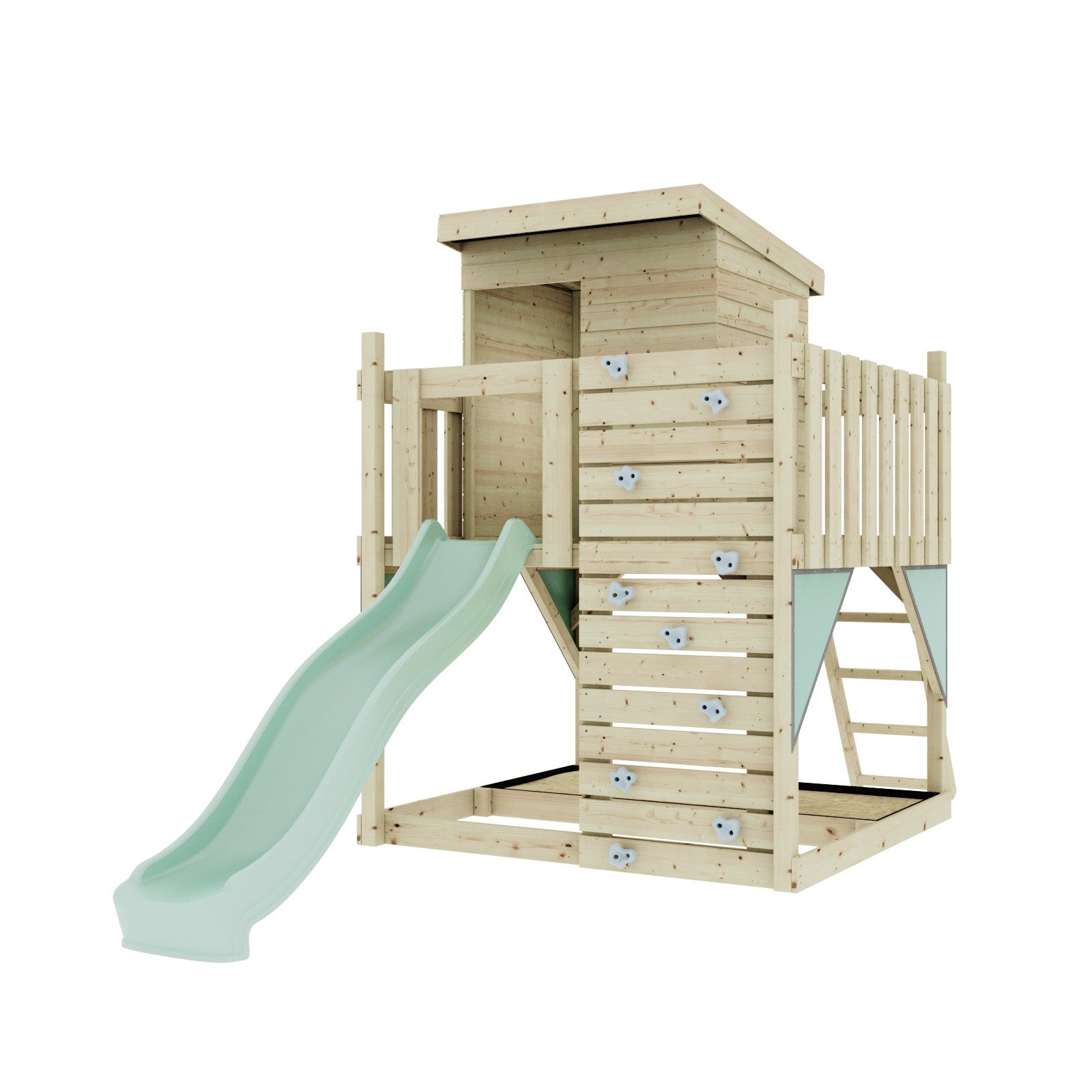 OutdoorToys Spielturm Stelzenhaus Polarlicht aus Holz in Mintgrün mit Rutsche, Kletterwand, aus Holz in Mintgrün mit Rutsche, Kletterwand