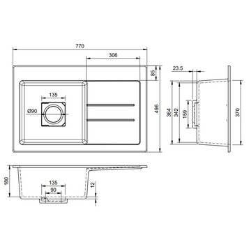 QLS Küchenspüle Qube 1.0 Rechts, Granit-Spülbecken, 78 x 49,6 cm Einzelbecken Spülwaschbecken Einbauspüle Abtropffläche
