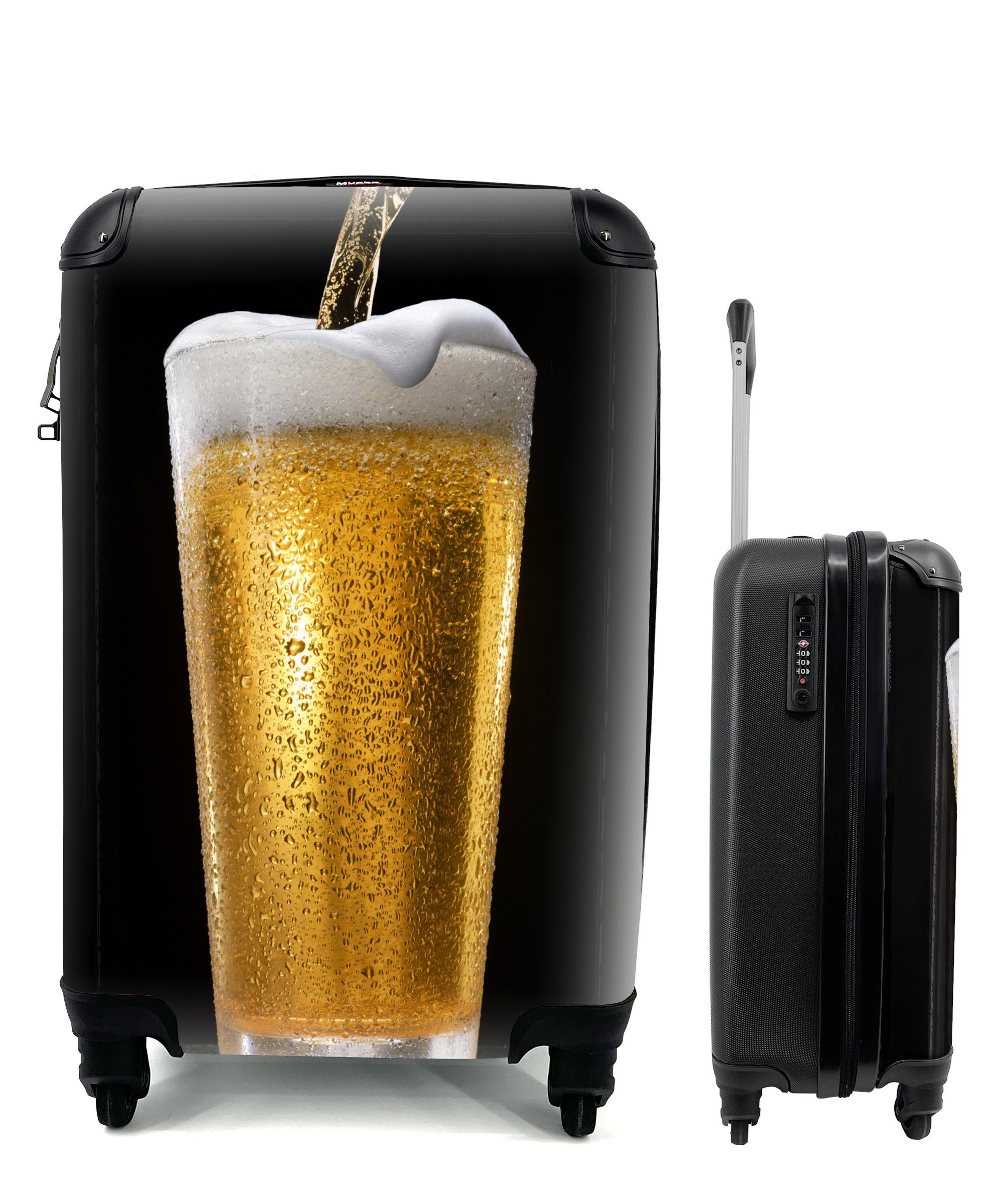 MuchoWow Handgepäckkoffer Leckeres gezapftes Bier auf schwarzem Hintergrund, 4 Rollen, Reisetasche mit rollen, Handgepäck für Ferien, Trolley, Reisekoffer