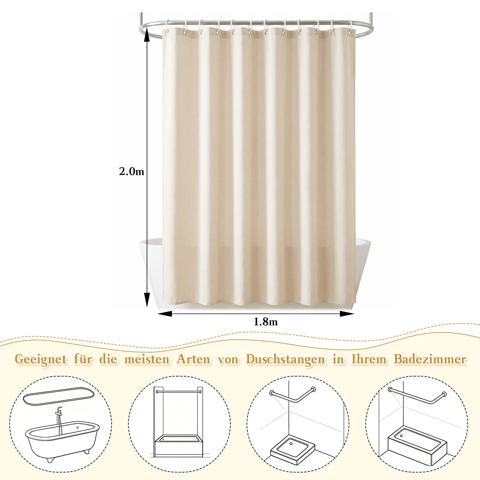 M&W DAS DESIGN Duschvorhang Shower curtains Anti schimmel Waschbar Mit gewicht Schwer Leinen beige Breite 180 cm