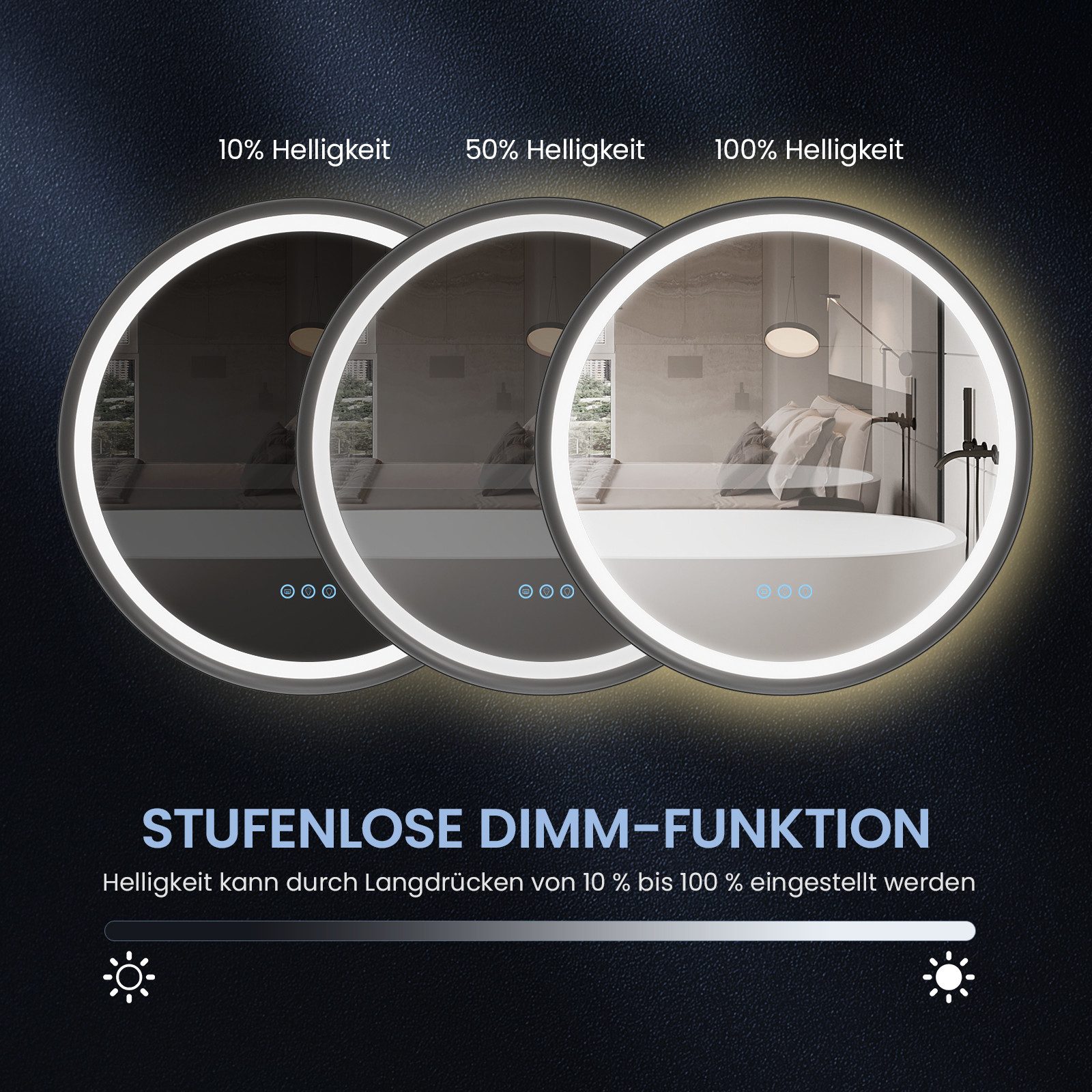 AQUALAVOS Rahmenspiegel-rund Badspiegel mit Beleuchtung Rund 60 cm Aluminiumrahmen Touch Schalter, LED Beleuchtung Dimmbar Kaltweiß & Warmweiß Touchschalter Alu – Bild 5 von 5