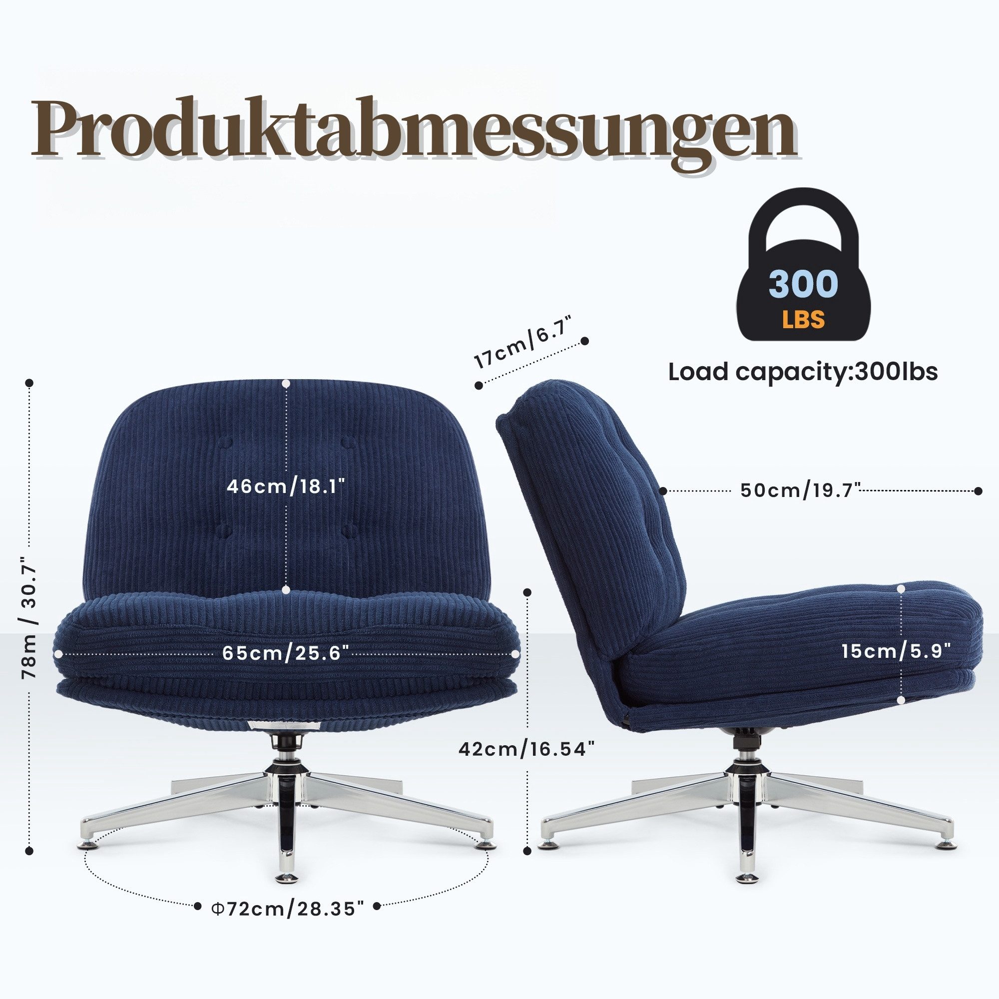 IWMH Bürostuhl Dick Schreibtischstuhl Ohne Rollen, Cordstoff Drehstuhl ohne Armlehnen (Lesesessel mit 15cm dickem Sitzkissen), Gepolsterter Stuhl für Schlafzimm – Bild 5 von 5