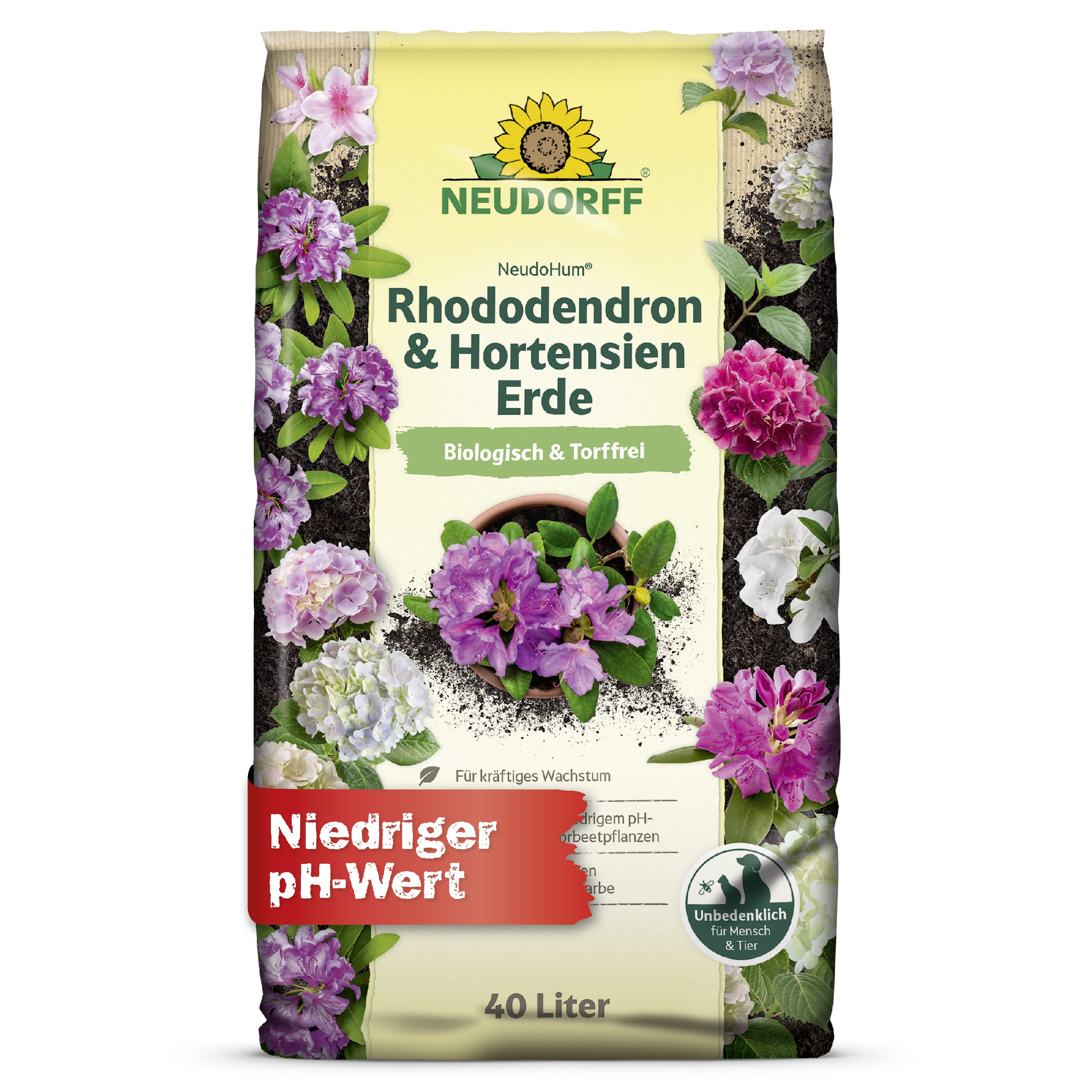 Neudorff Spezialerde NeudoHum Rhododendron- und HortensienErde 40 Liter, mit Organische Grunddüngung, (Einzelartikel, Für strahlende Blüten und intensive Blattfarbe), Niedriger pH-Wert, für kräftiges Wachstum