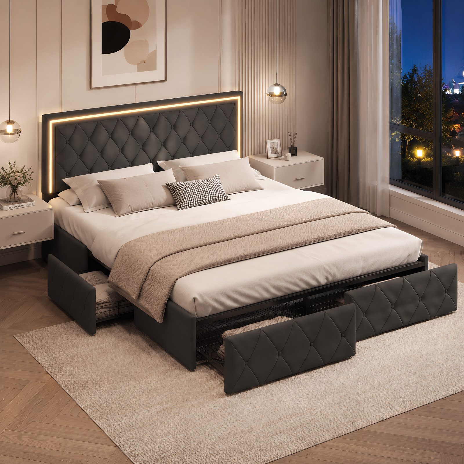Simurq Polsterbett Doppelbett 140x200 Stauraumbett Mit 4 Schubladen,Verstellbare Kopfteil (Set, Ohne Matratze), Jugendbett Gepolstertes Bett mit Aufbewahrungsbett mit Lattenrost,PU