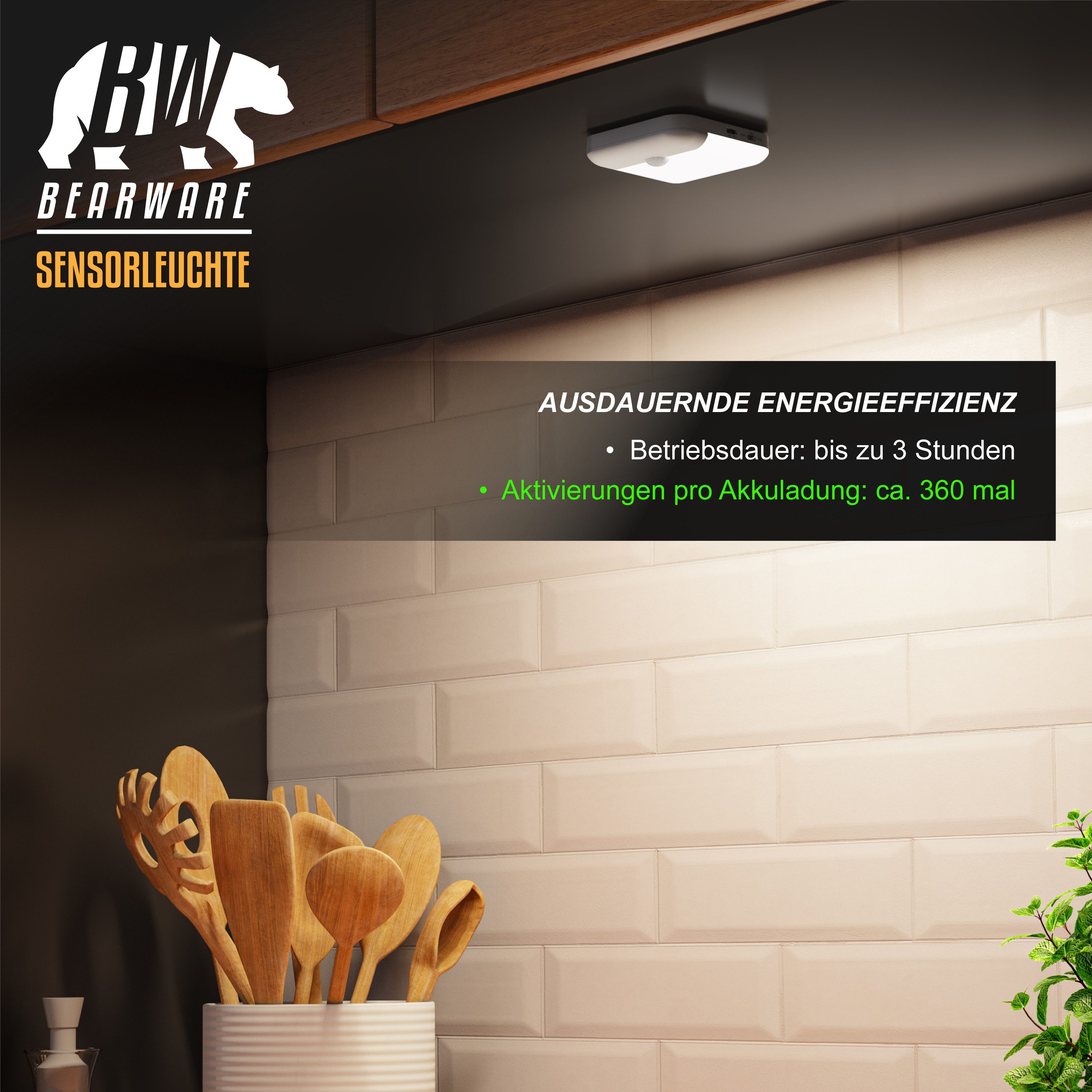 Brandson LED Nachtlicht Schranklicht mit Bewegungsmelder, 2 Lichtfarben, Akku, Sensor, Bewegungsmelder (PIR); Lichtsensor; Dimmfunktion; Dauerlicht (30 Min); Auto-Modus; Auto-Off (15 s), LED fest integriert, Warmweiß, Kaltweiß, 500 mAh, 60 lm, 7,8x7,8 cm, USB-C, 15 s Timer, Lichtsensor, Magnet