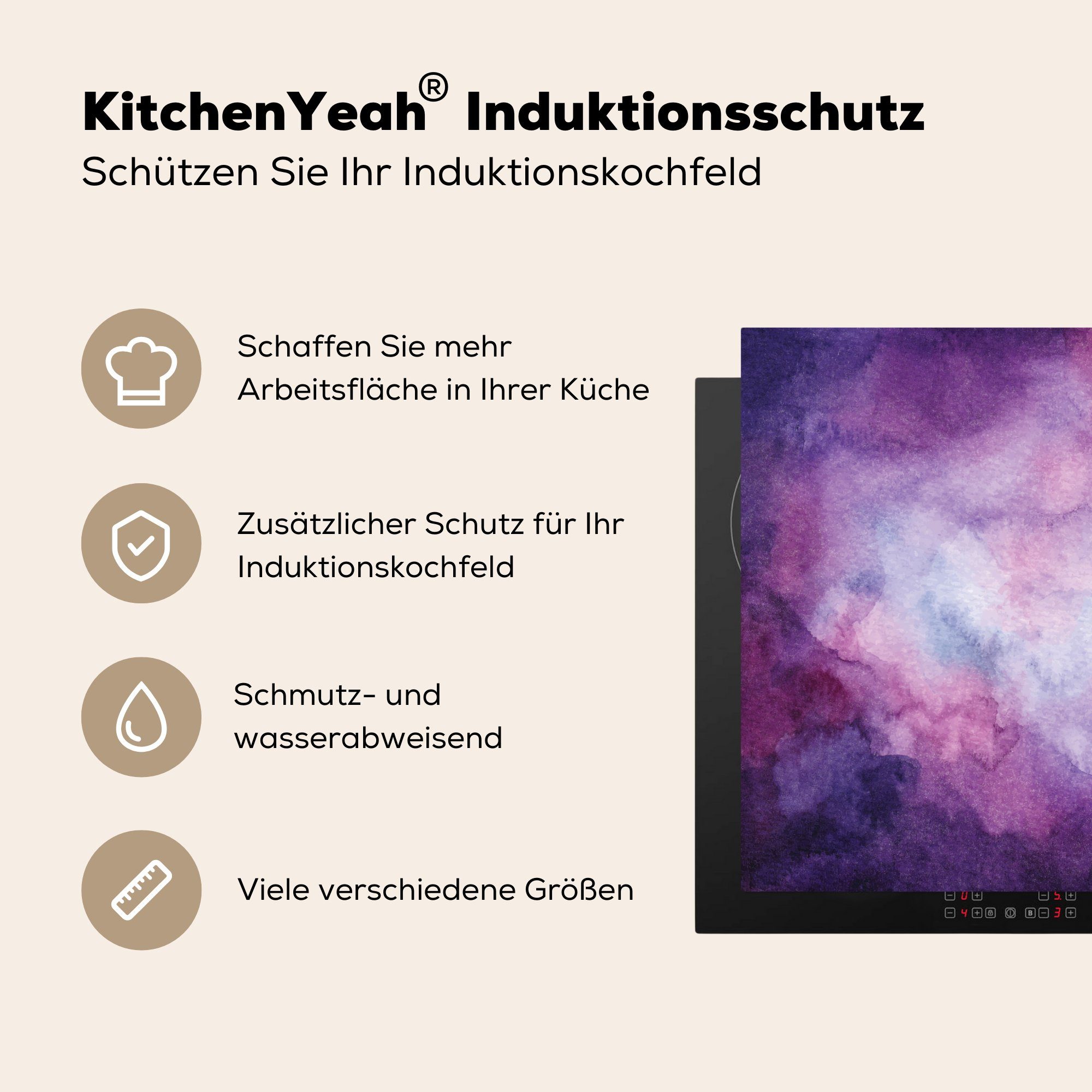 küche Lila Malerei, - - cm, Herdblende-/Abdeckplatte MuchoWow Ceranfeldabdeckung, Arbeitsplatte für Aquarell tlg), 78x78 Vinyl, (1