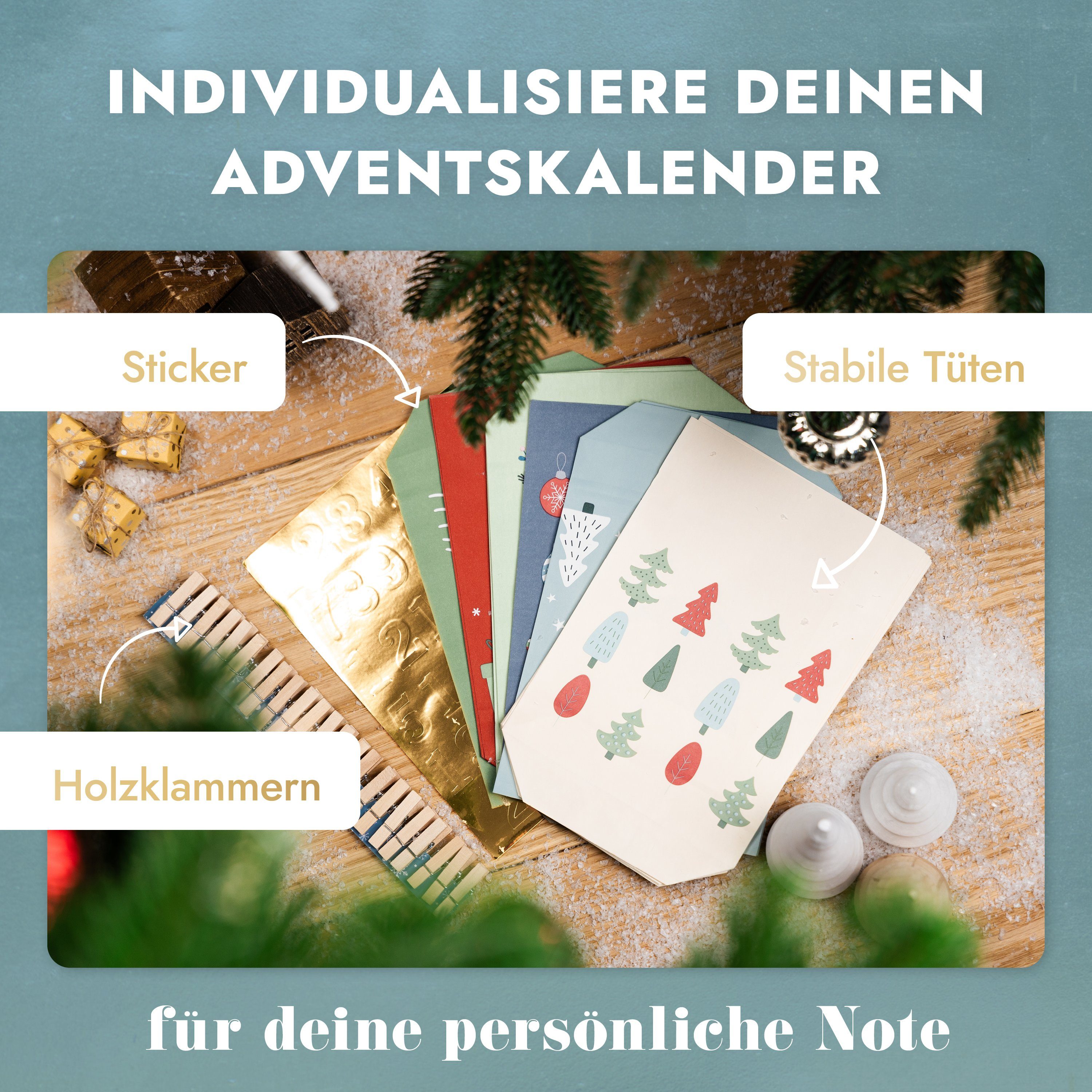 Amari befüllbarer Adventskalender Adventskalender zum Befüllen 2026, 24 Papiertüten 14×22 cm mit Zahlen (DIY Set, 72-tlg), Designs für Kinder & Erwachsene, wied – Bild 4 von 5
