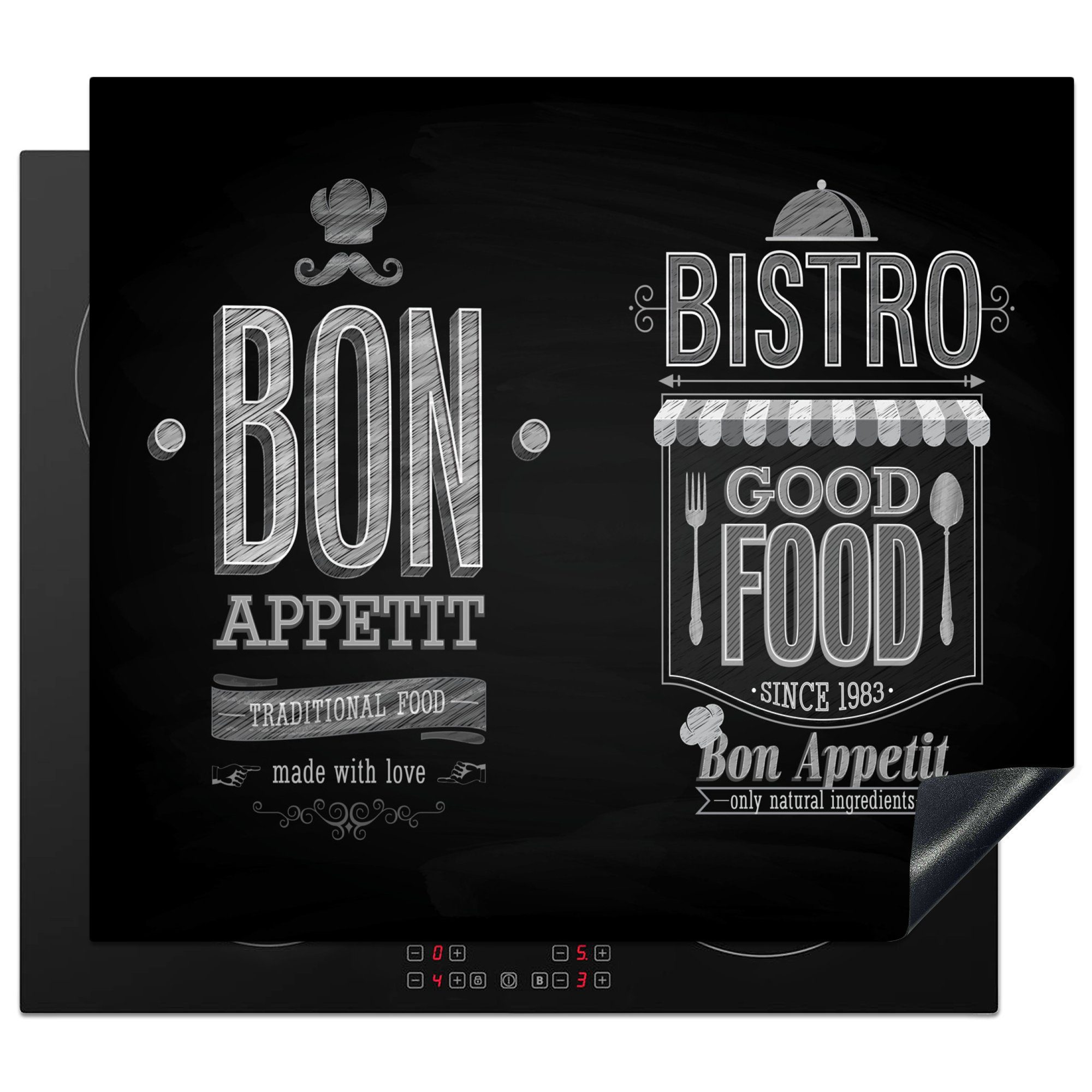 MuchoWow Herdblende-/Abdeckplatte Bon Appetit - Italien - Essen - Schwarz und Weiß, Vinyl, (1 tlg), 60x52 cm, Mobile Arbeitsfläche nutzbar, Ceranfeldabdeckung