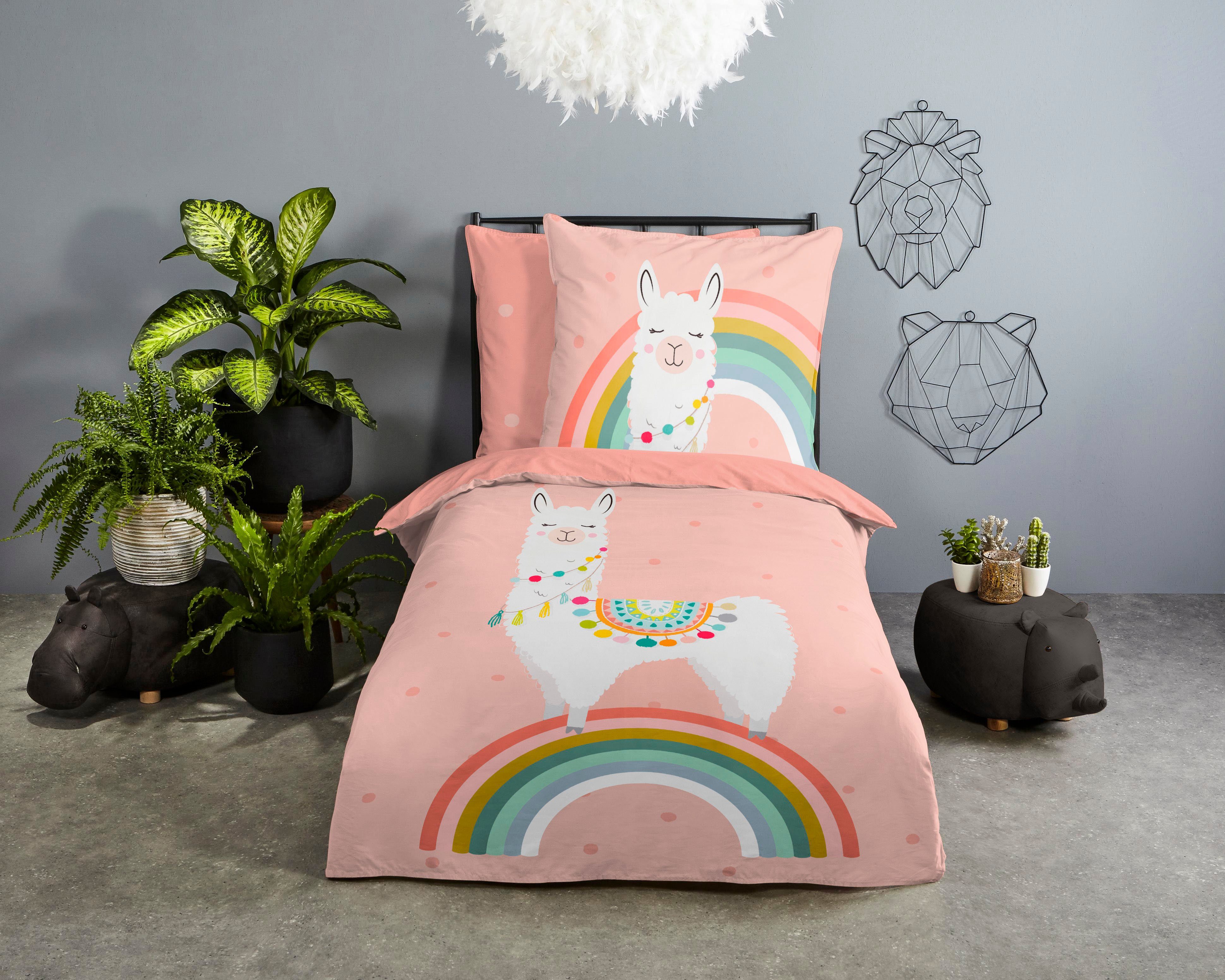 good morning Kinderbettwäsche Llamaa, Renforcé, 2 teilig, Baumwolle, 135x200, Reißverschluss, Wende, Kind, Mädchen, Lama, Rosa