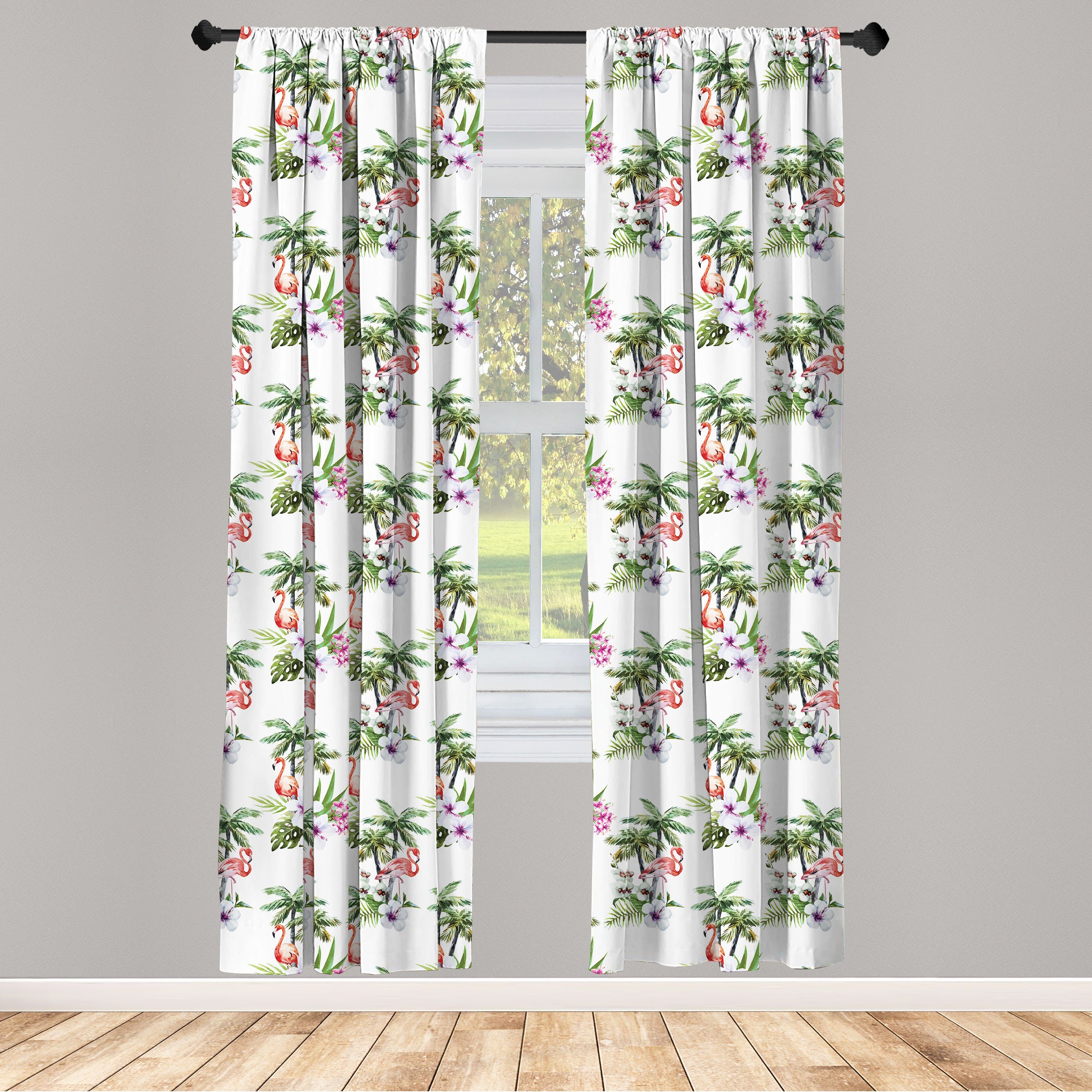 Gardine Vorhang für Wohnzimmer Schlafzimmer Dekor, Abakuhaus, Microfaser, Flamingo Aquarell Vögel Flora | Fertiggardinen