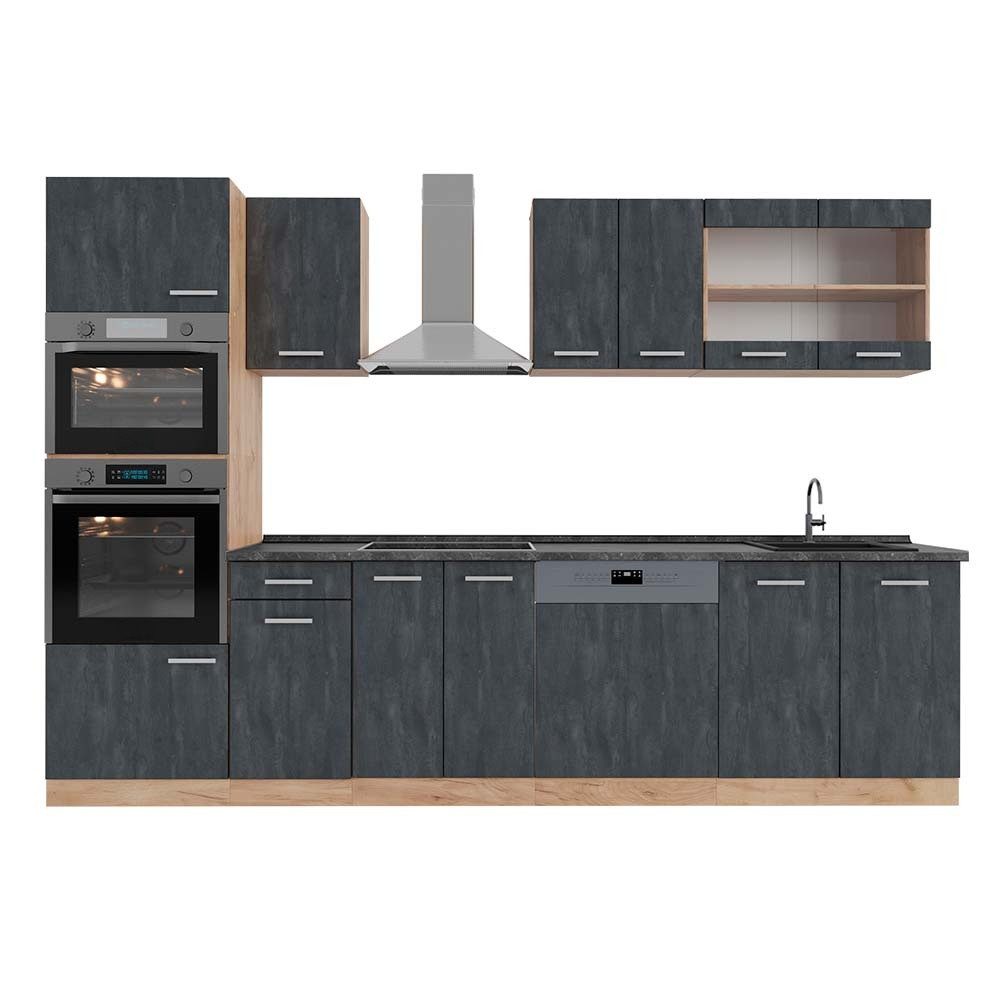 Vicco Küchenzeile R-Line, Schwarz Beton/Goldkraft Eiche, 300 cm AP Anthrazit