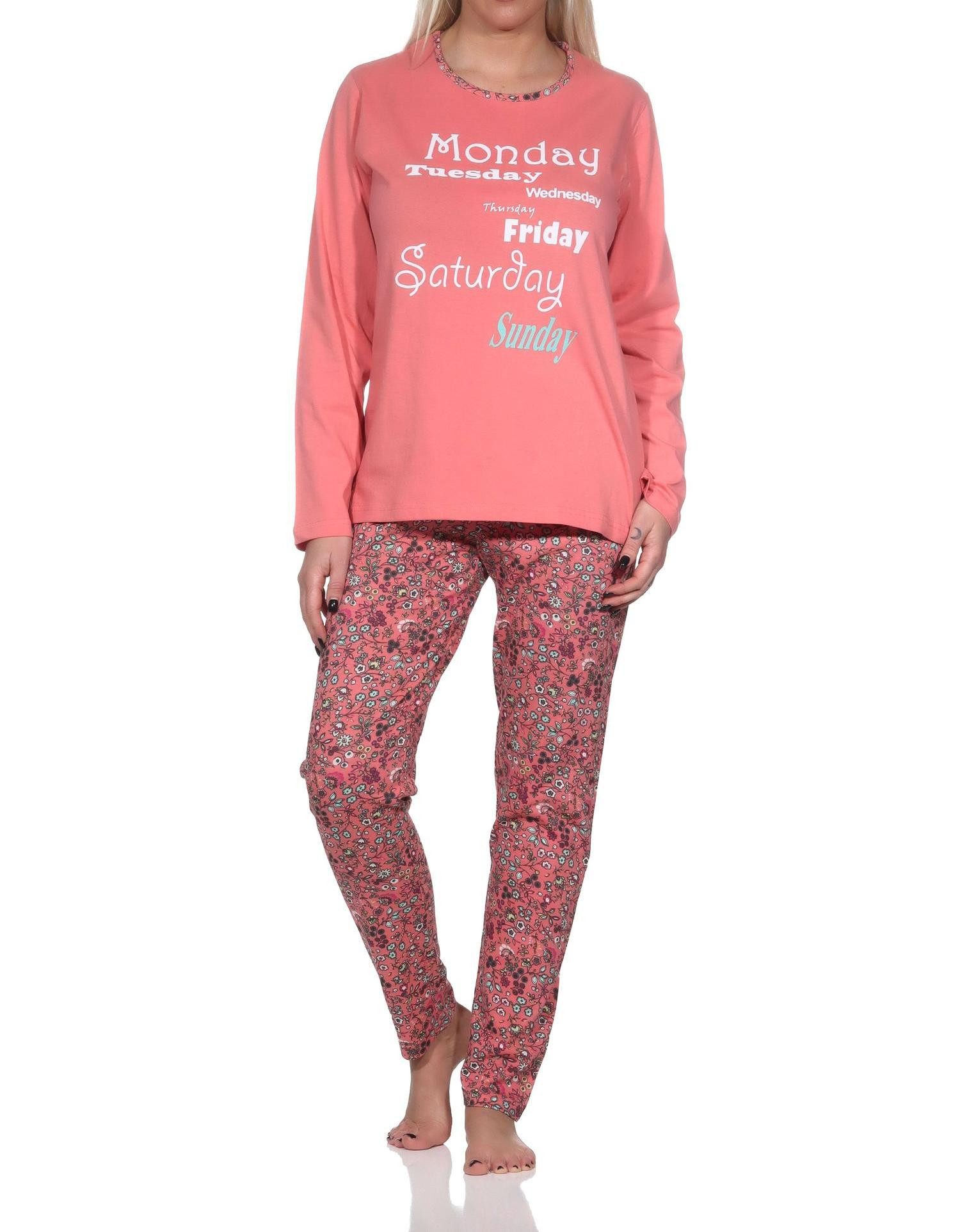 Pyjama Damen Schlafanzug lang mit lässigem Print und Allover-Muster