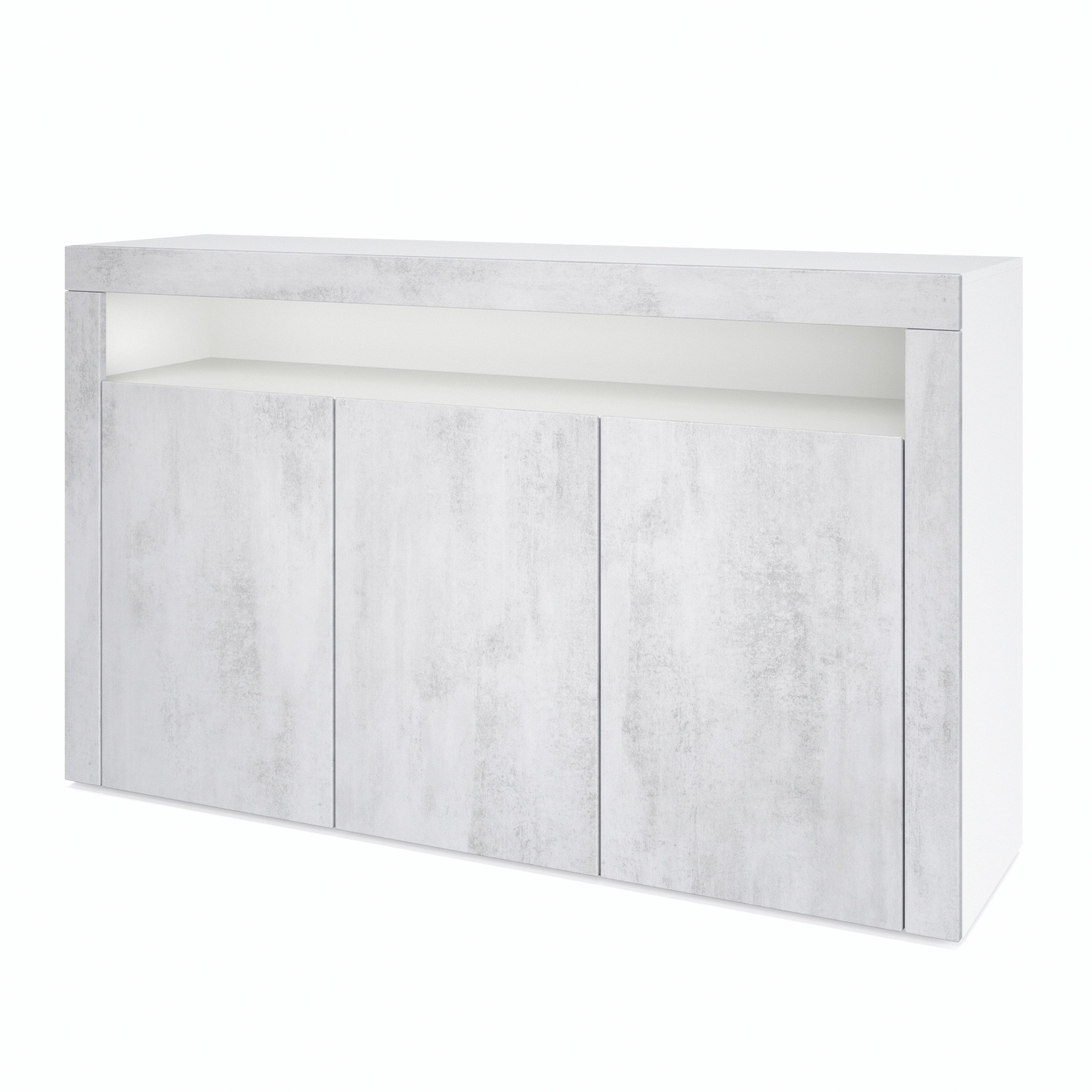 Vladon Sideboard Valencia (Sideboard, mit 3 Türen und 1 offenem Fach), Weiß matt/Beton Oxid Optik/Beton Oxid Optik (155 x 92 x 40 cm)