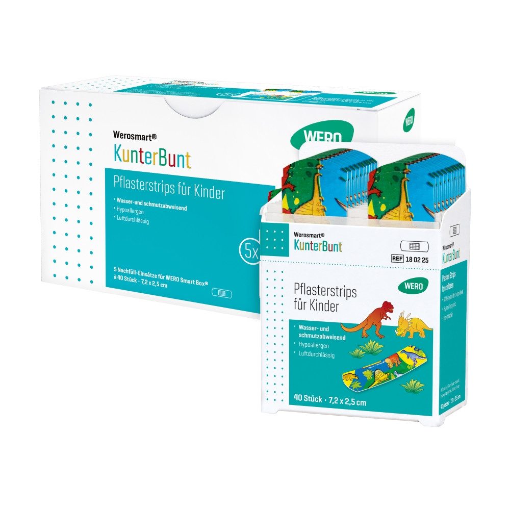 Werosmart® Wundpflaster KunterBunt Pflasterspender-Einsätze 7,2 x 2,5 cm (5 Einsätze, 200 St), Pflasterstrips