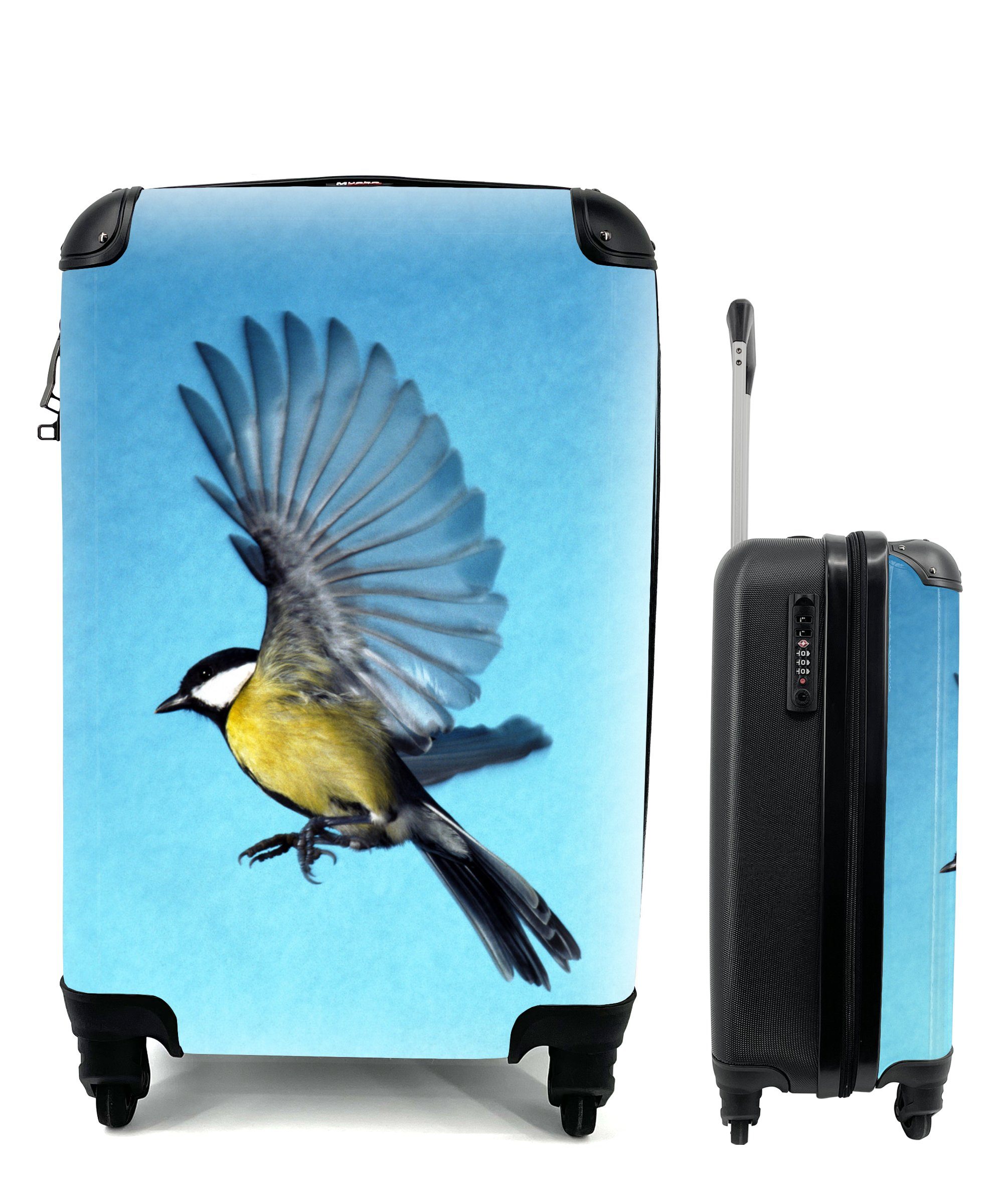 MuchoWow Handgepäckkoffer Eine Kohlmeise vor blauem Hintergrund, 4 Rollen, Reisetasche mit rollen, Handgepäck für Ferien, Trolley, Reisekoffer