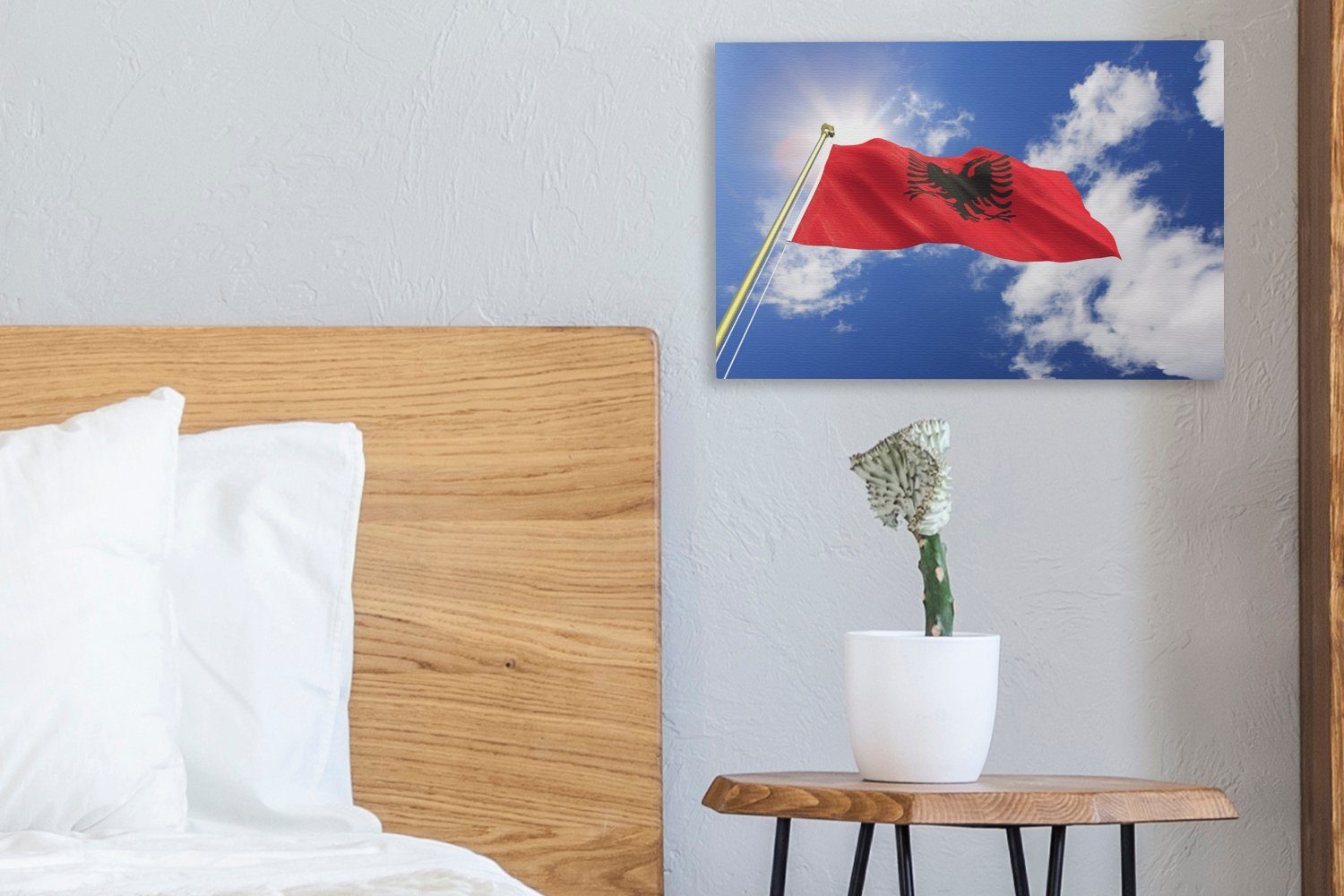 (1 Wandbild St), von cm 30x20 blauem OneMillionCanvasses® Flagge Albanien Wanddeko, Himmel, mit Leinwandbild Aufhängefertig, Leinwandbilder,