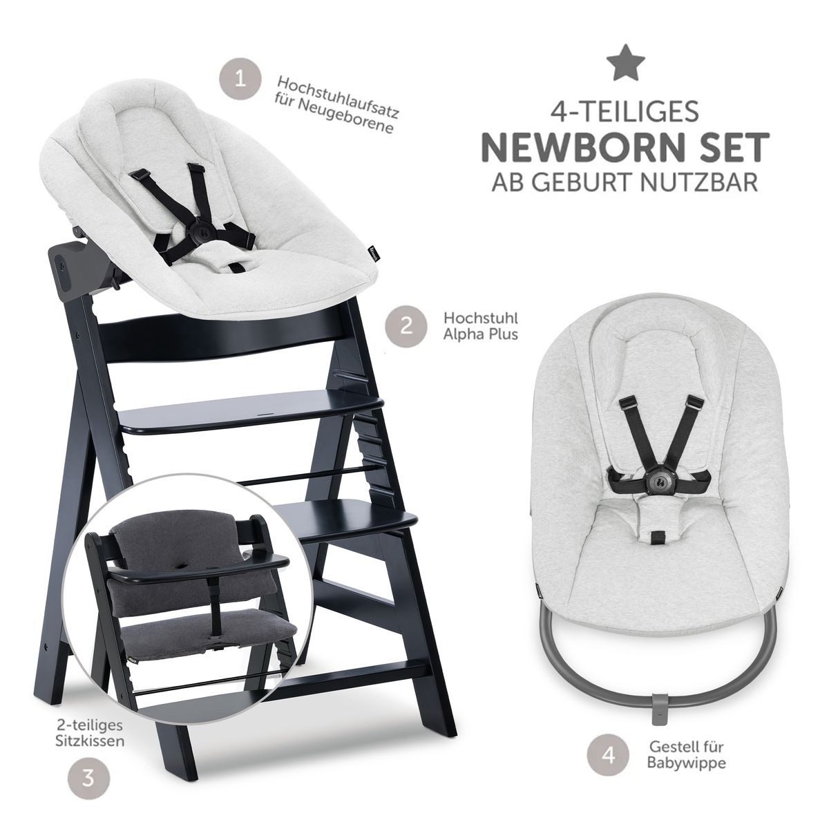 Hauck Hochstuhl Alpha Plus Newborn Set - Black, Holz Babyhochstuhl ab Geburt inkl. Neugeborenen Aufsatz & Sitzpolster