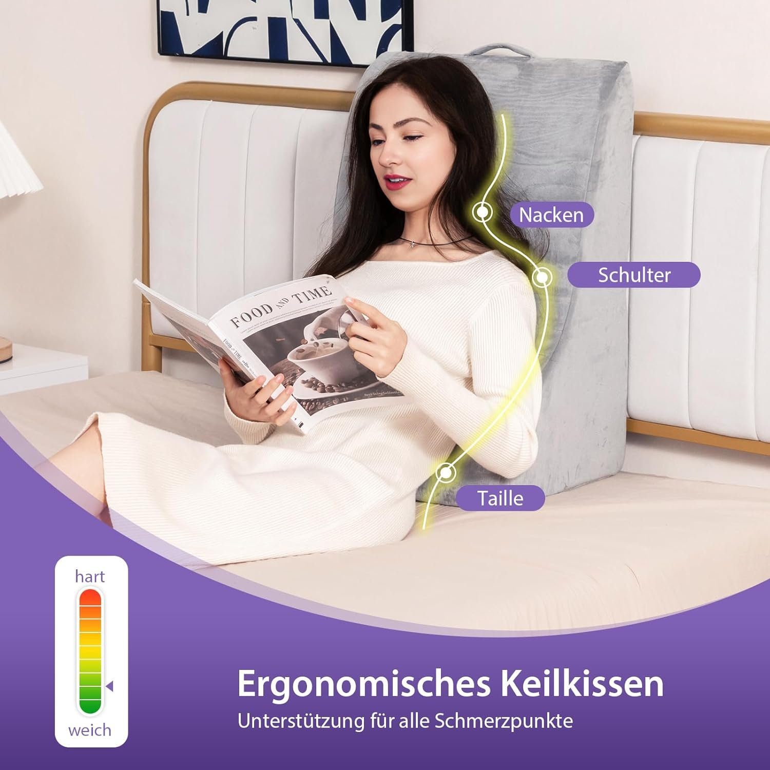 KOMFOTTEU Keilkissen Lesekissen Rückenkissen, mit Griff & waschbarem Bezug