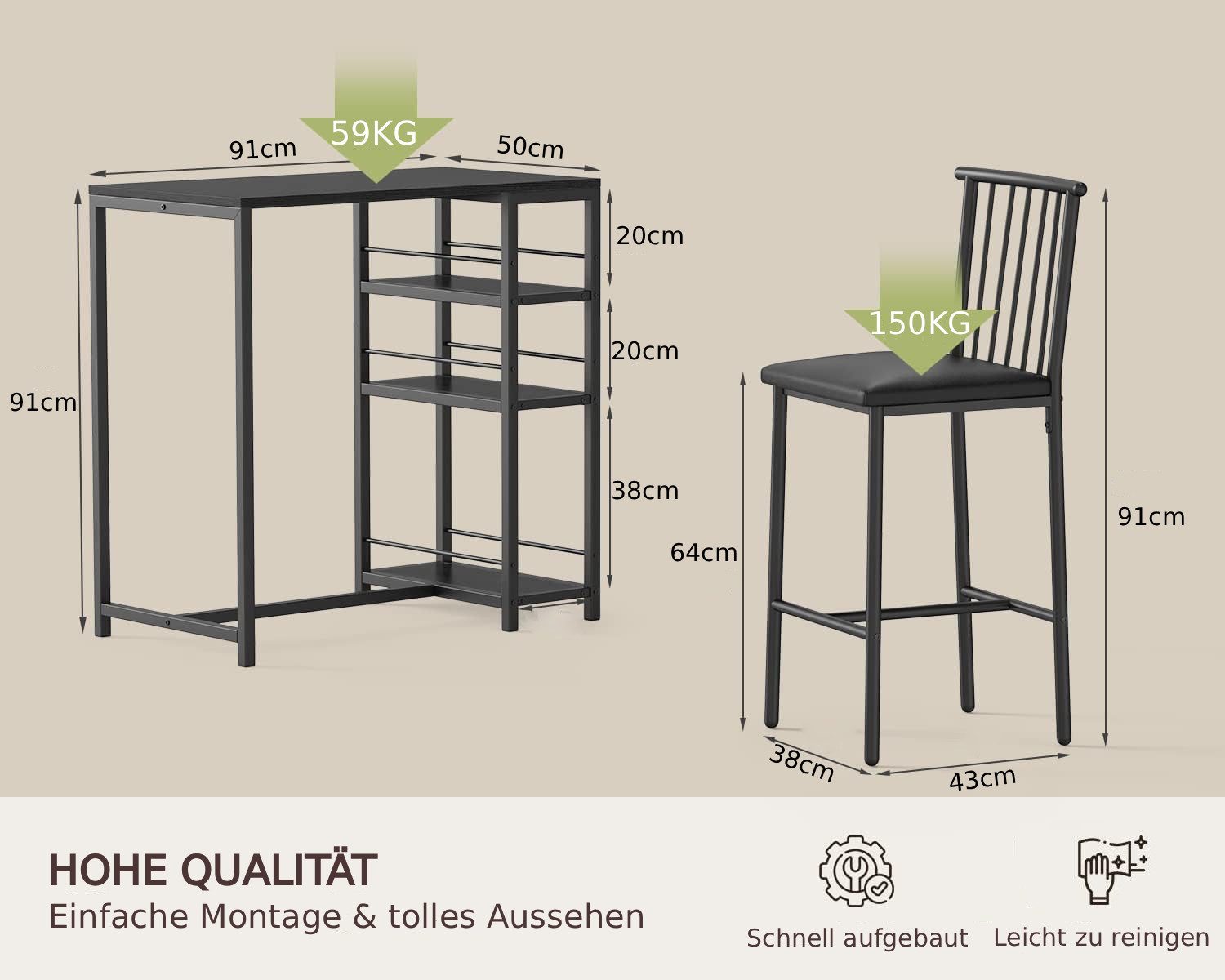 Blishom Bartisch 3-tlg Bartisch-Set, Esstisch Set für 2 Personen, Platzsparendes Stehtisch-Set mit Stauraum