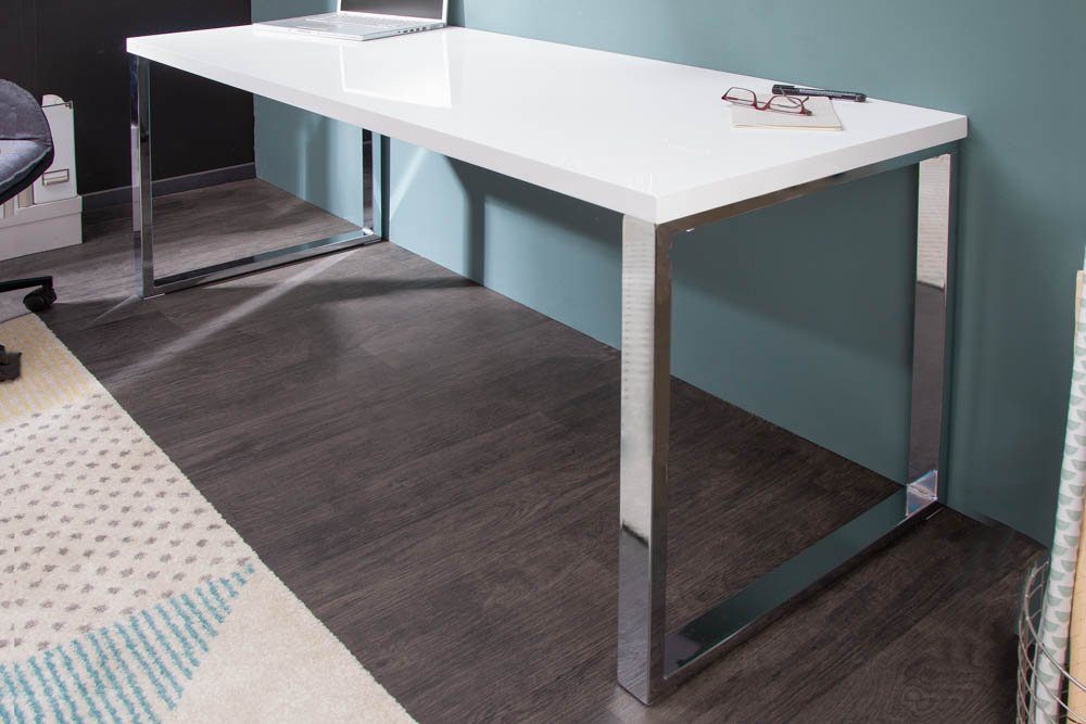 riess-ambiente Schreibtisch WHITE DESK 140cm weiß / silber, Arbeitszimmer · Hochglanz · Modern Design · Metall · Home Office | Schreibtische