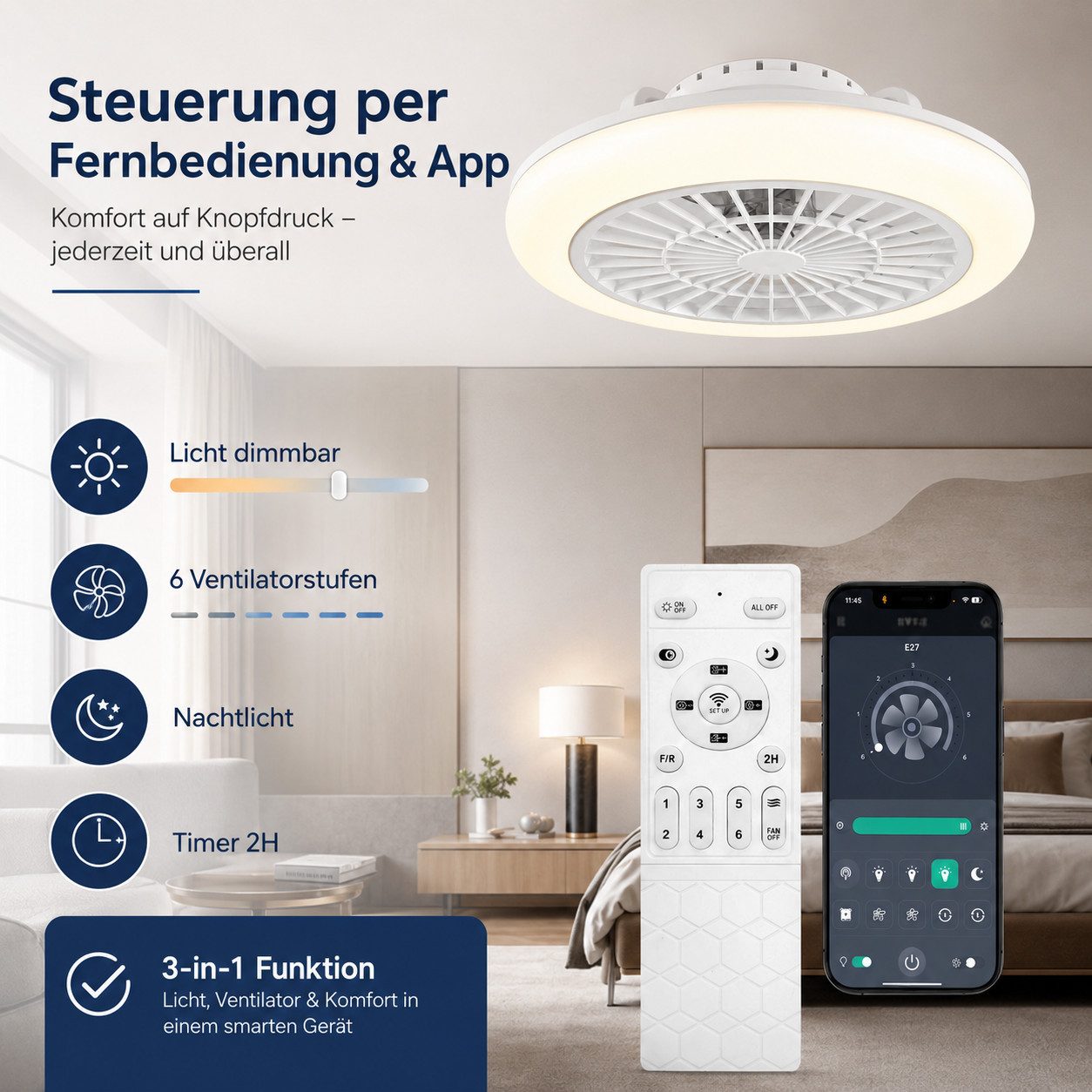 Braytron Deckenventilator mit Licht 3CCT dimmbar App-Steuerung, Fernbedienung, RGB Farbwechsel, LED fest integriert