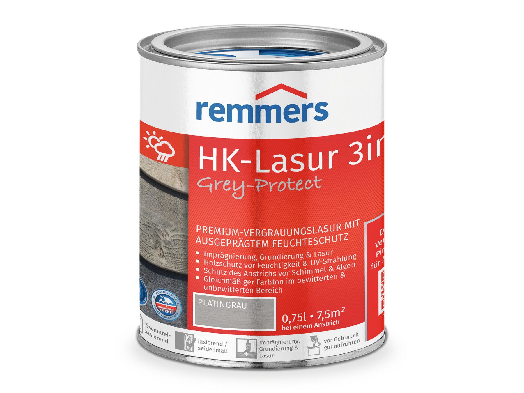 Remmers Holzschutzlasur HK-Lasur 3in1 Grey-Protect 0,75 Liter, 3in1 Holzschutz, Feuchtigkeit- und UV-Schutz
