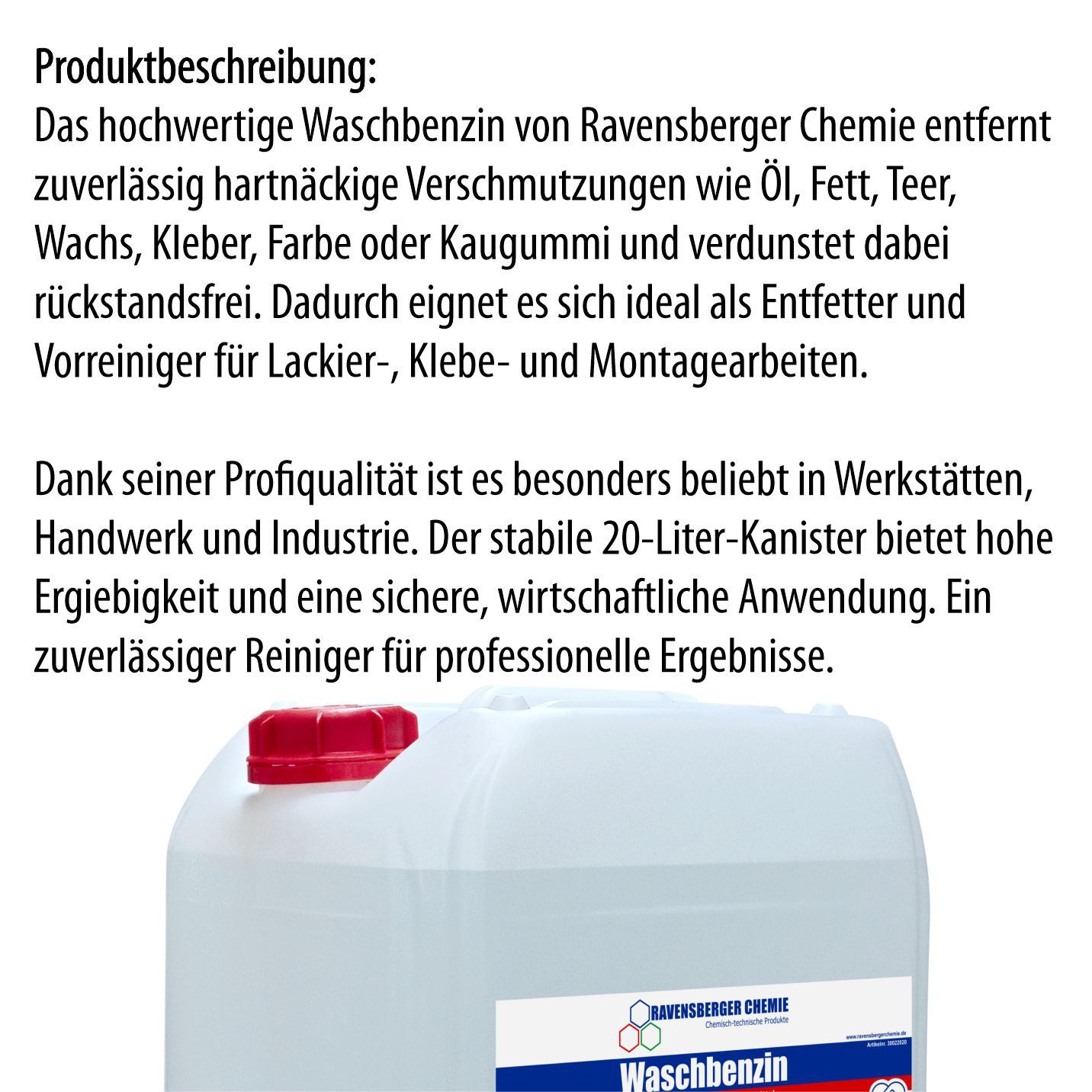Ravensberger Chemie Waschbenzin 20 Liter Kanister Reinigungsalkohol (20 Liter Kanister von Ravensberger Chemie - Waschbenzin 20L – Starker Fettlöser für Werkstatt & Industrie)