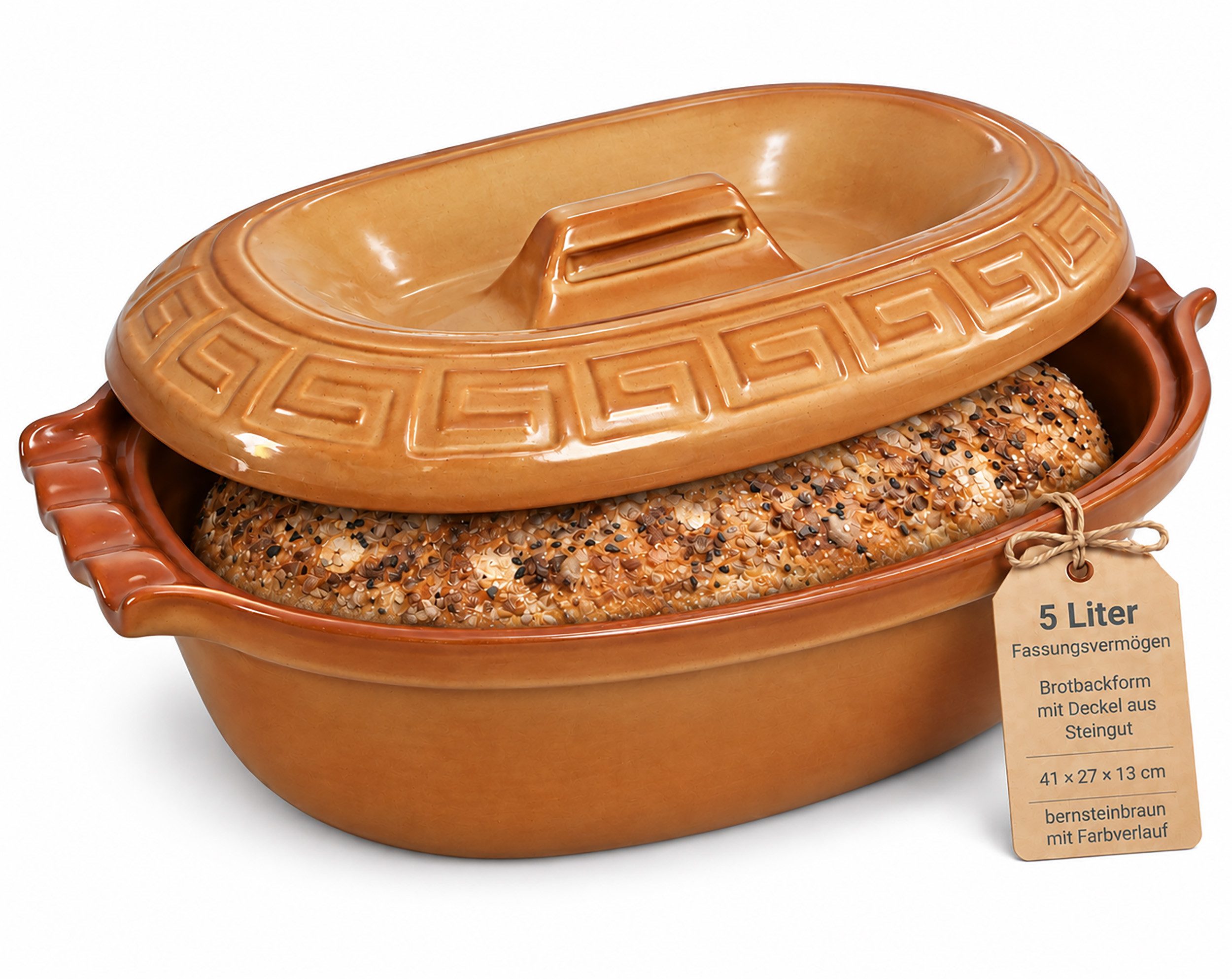 KERAZO Brotbackform 5L Keramik Bräter oval m. Deckel Brottopf Auflaufform 41x27x13cm braun, Mit dekorativem Relief am Deckel und markant geformten Seitengriffen