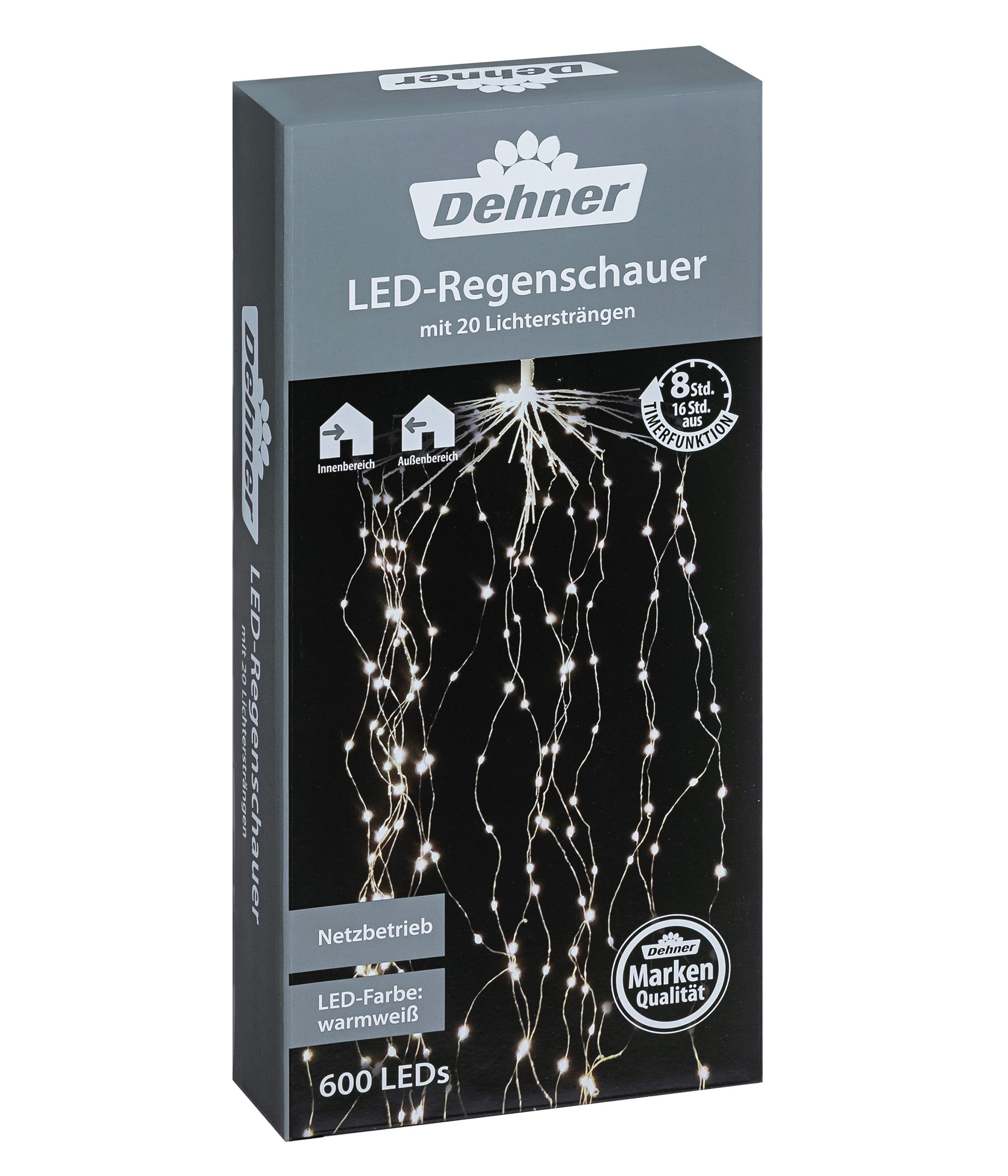 Dehner Lichterkette LED Girlande Regenschauer, 600 LEDs, Ø 40cm, Länge 300 cm, 600-flammig, Weihnachtsbeleuchtung für Indoor / Outdoor, mit 8h-Timer