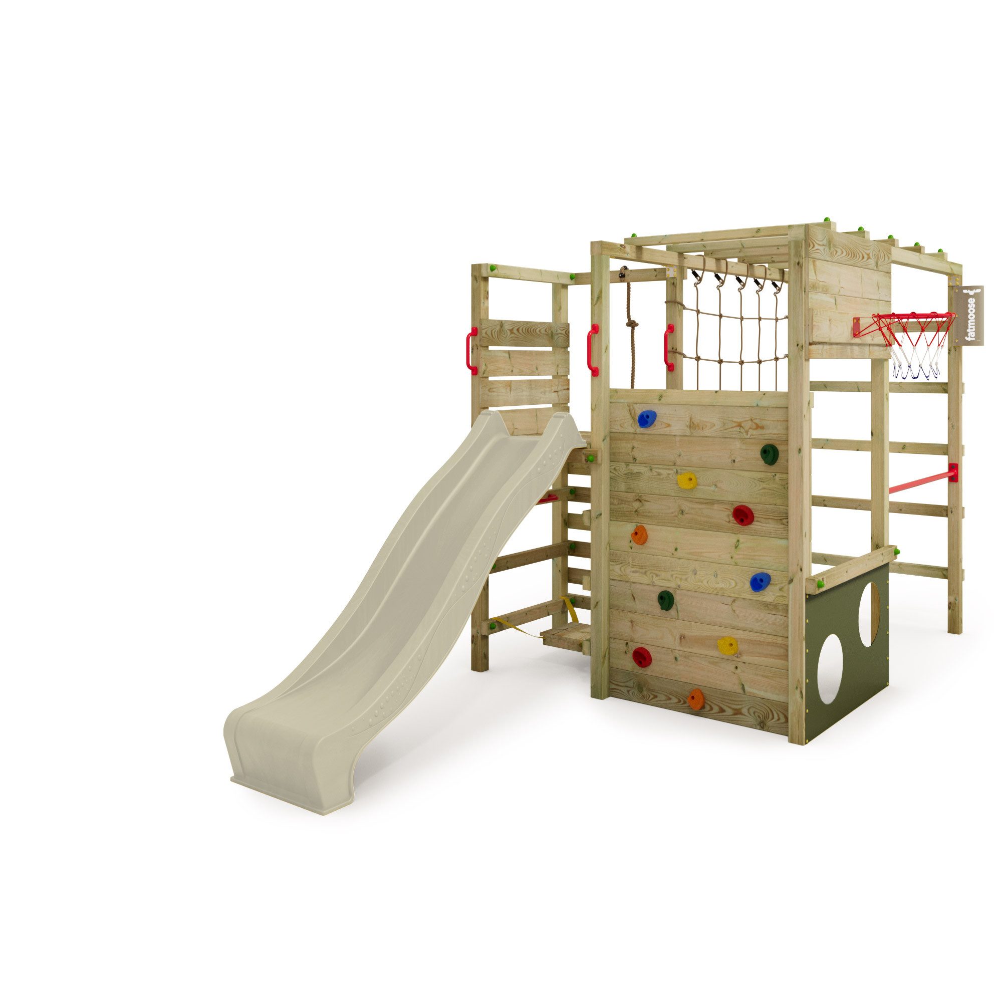 FATMOOSE Klettergerüst ActionArena mit Rutsche & Kletterwand, Outdoor Spielturm, (mit Kletternetz, Kletterstrick, Balance-Board, Fussballwand), 10-Jahre Garantie*, mit Basketballkorb und Reckstange