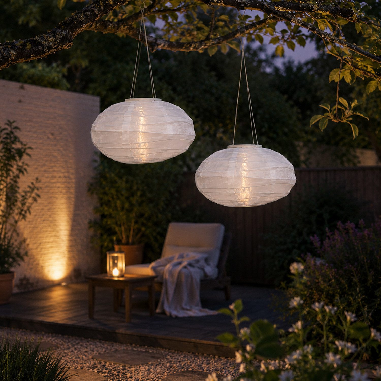 MARELIDA LED Lampion Solar Gartenlampions oval 35x19cm Party Balkon Laterne weiß 2er Set, LED Classic, warmweiß (2100K bis 3000K)