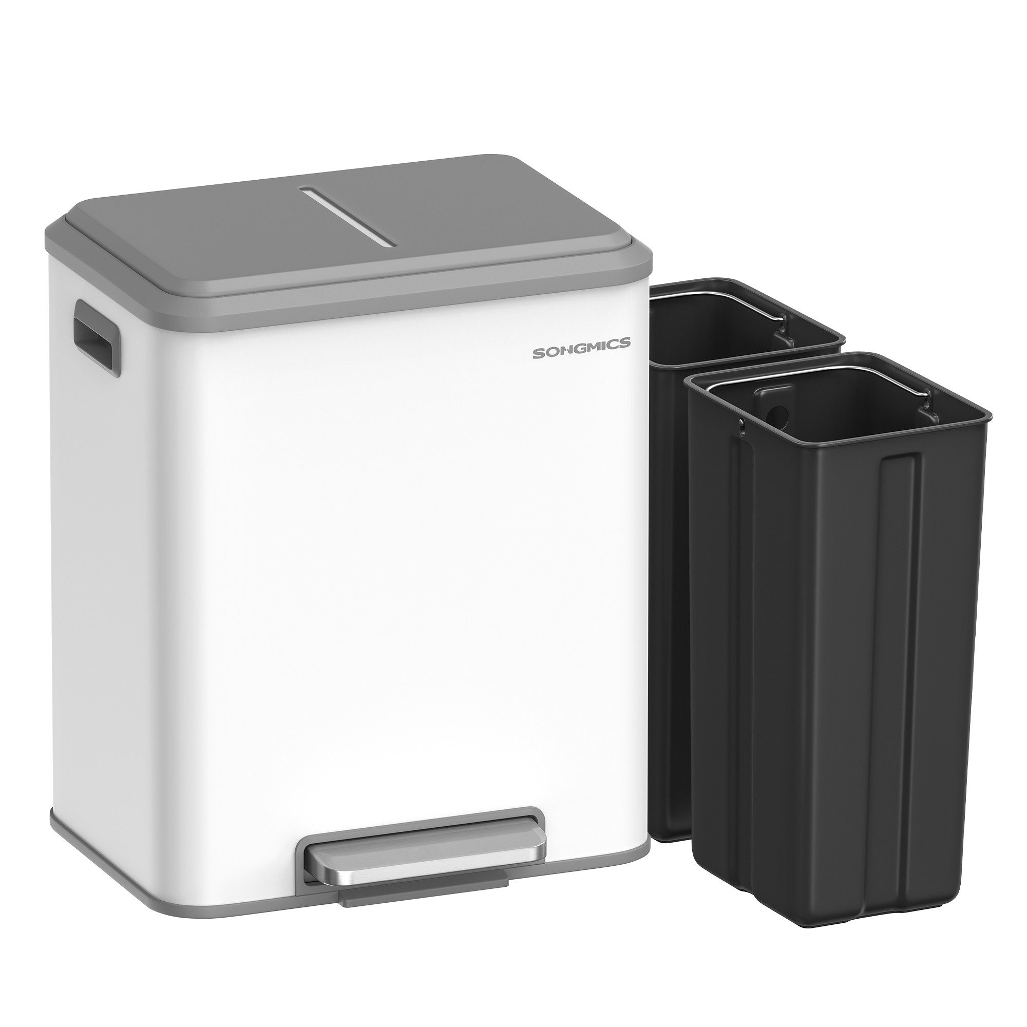 SONGMICS Mülleimer Abfalleimer, Inneneimer, Stahl, Softclose-Deckel, 30L, Küche, Mülltrennsystem 2 x 15 L, 2 Fächer für Recycling und Restmüll