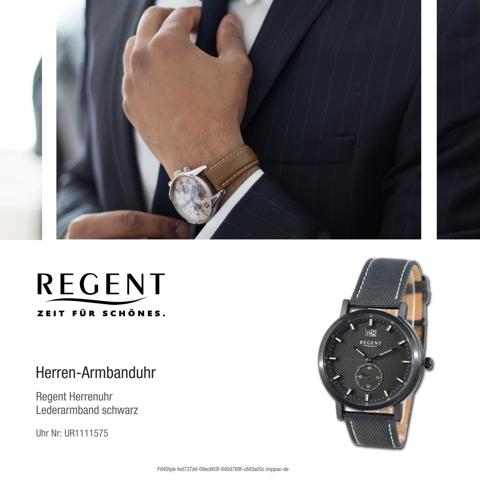 Regent Quarzuhr Regent Herren Armbanduhr schwarz, Analog, Gehäuse, rundes Lederarmband 39mm) Herrenuhr (ca. weiss, groß