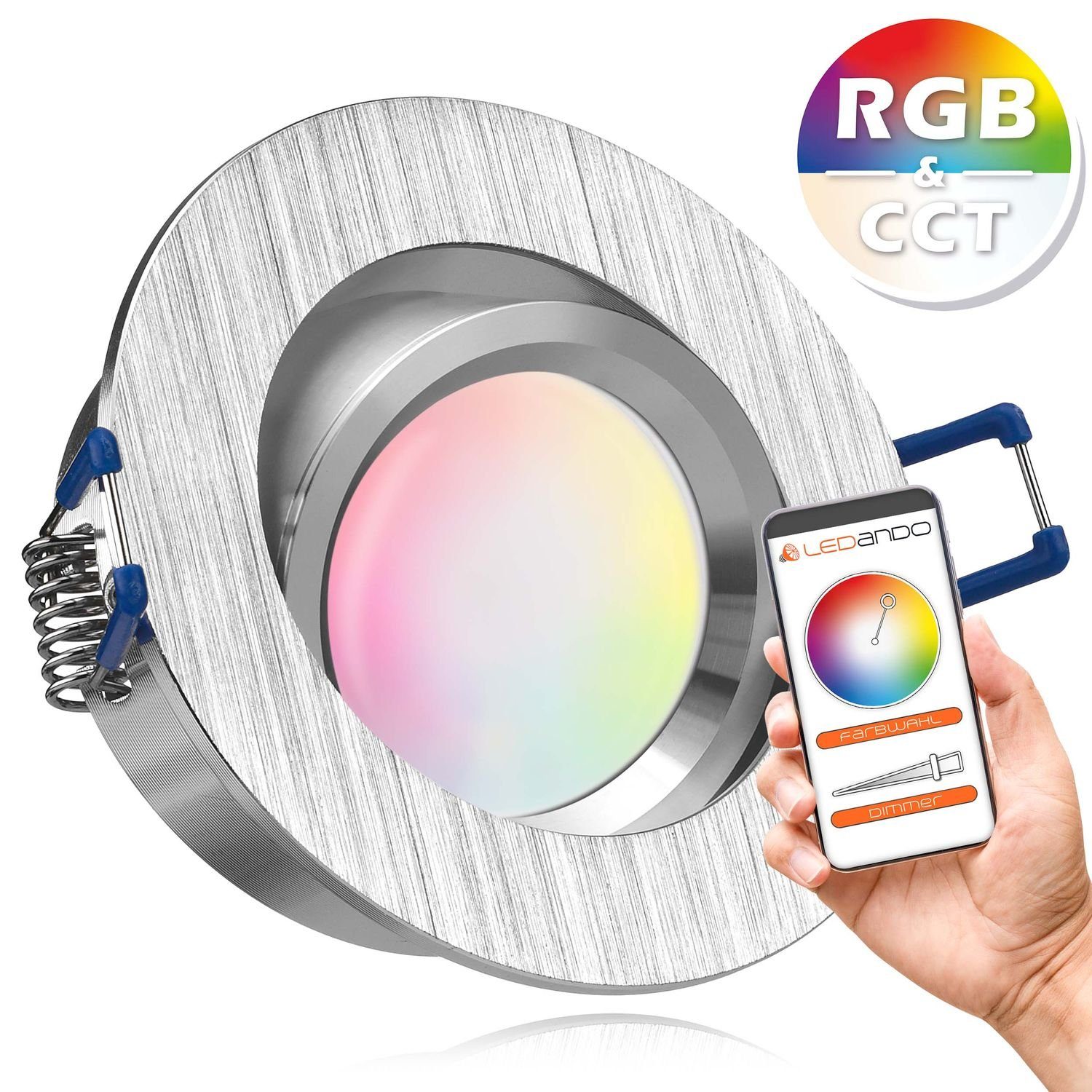 LEDANDO LED Einbaustrahler RGB - CCT LED Einbaustrahler Set extra flach in aluminium gebürstet mi | Strahler