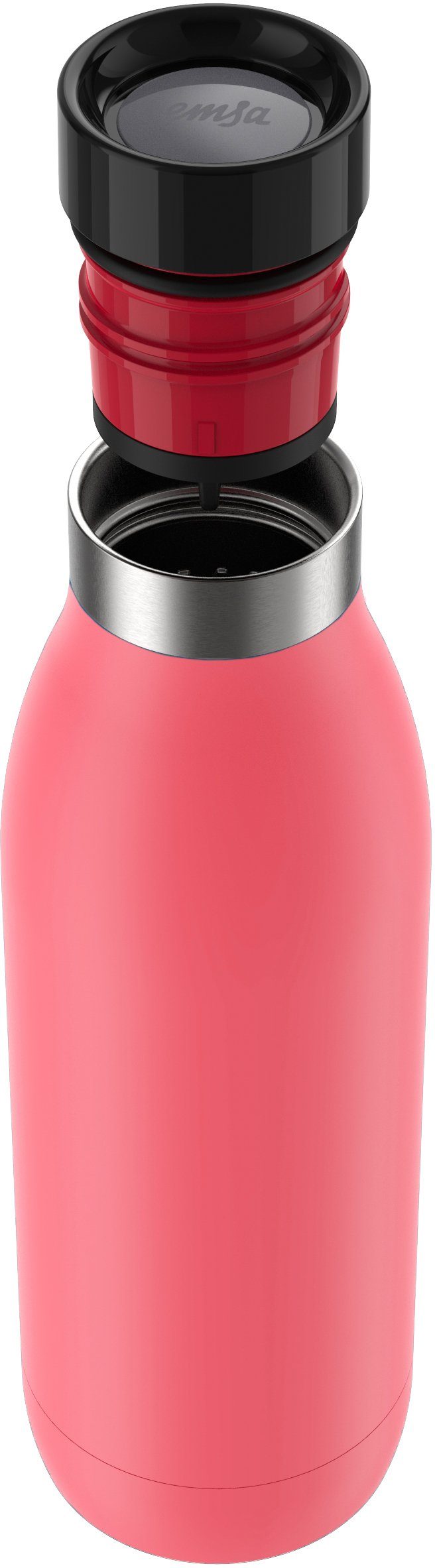 Emsa Trinkflasche Bludrop Color, koralle kühl, spülmaschinenfest Edelstahl, Quick-Press warm/24h 12h Deckel