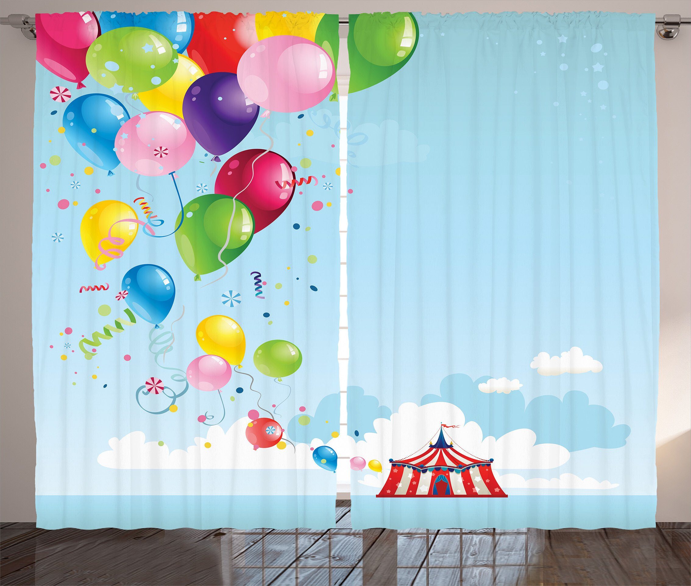 Gardine Schlafzimmer Kräuselband Vorhang mit Schlaufen und Haken, Abakuhaus, Zirkus Karneval Zelt Luftballons | Fertiggardinen
